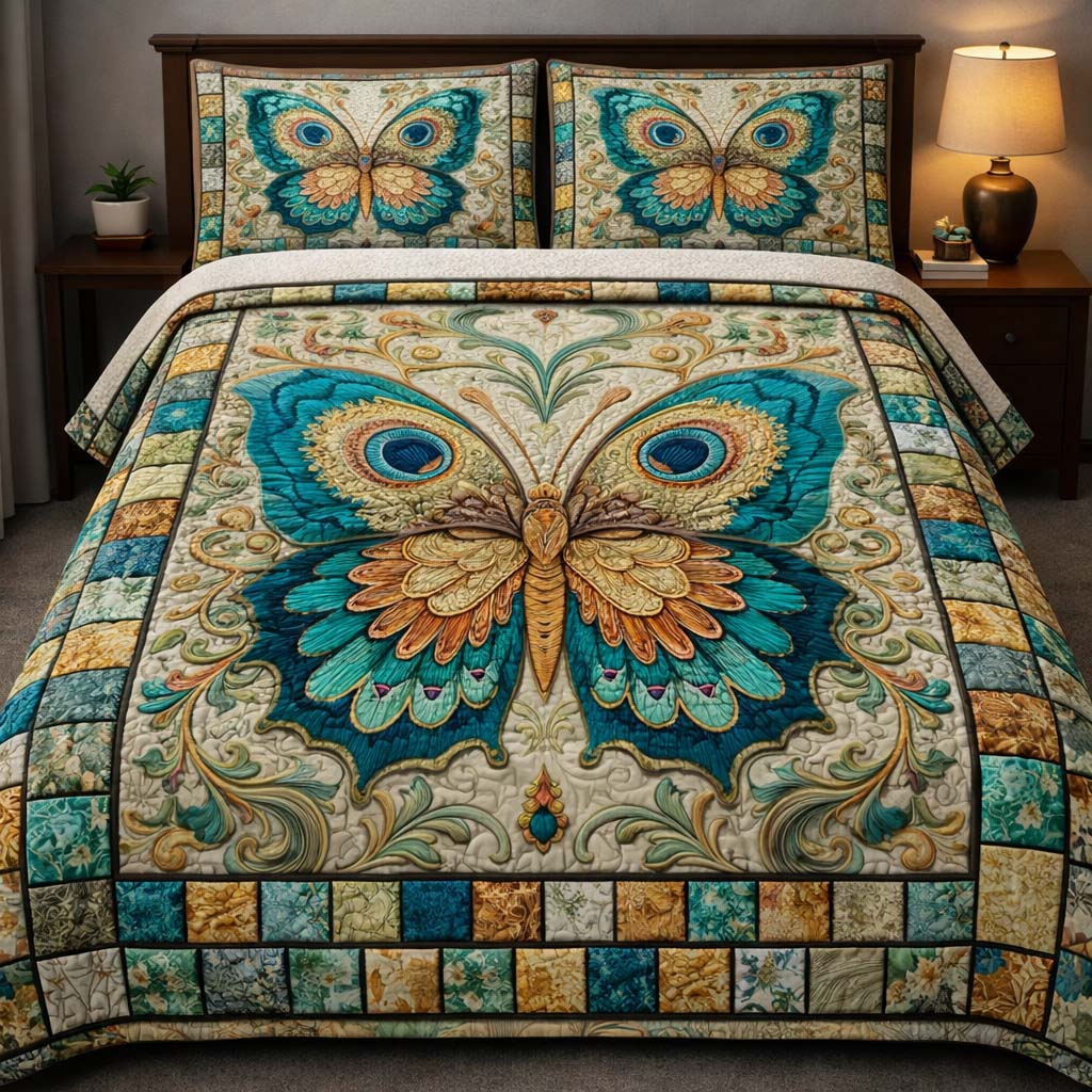 Teal Butterfly Symphony Quilted Bedding Set Bohemian Bedroom Furniture Butterfly Christmas Gifts - Tradiviet