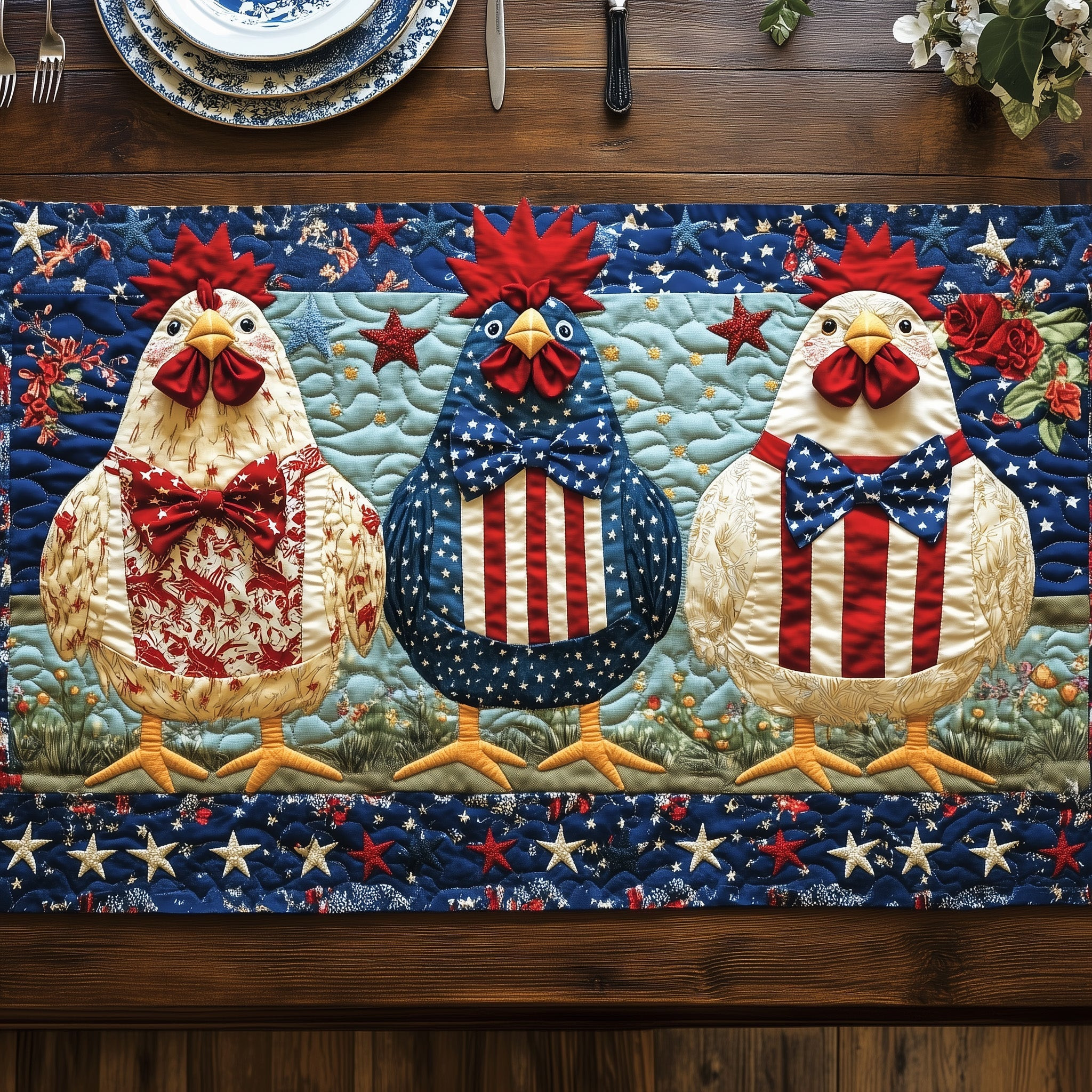 The Independence Cluckers Quilted Table Runner  Holiday Table Runner Best Independence Gift