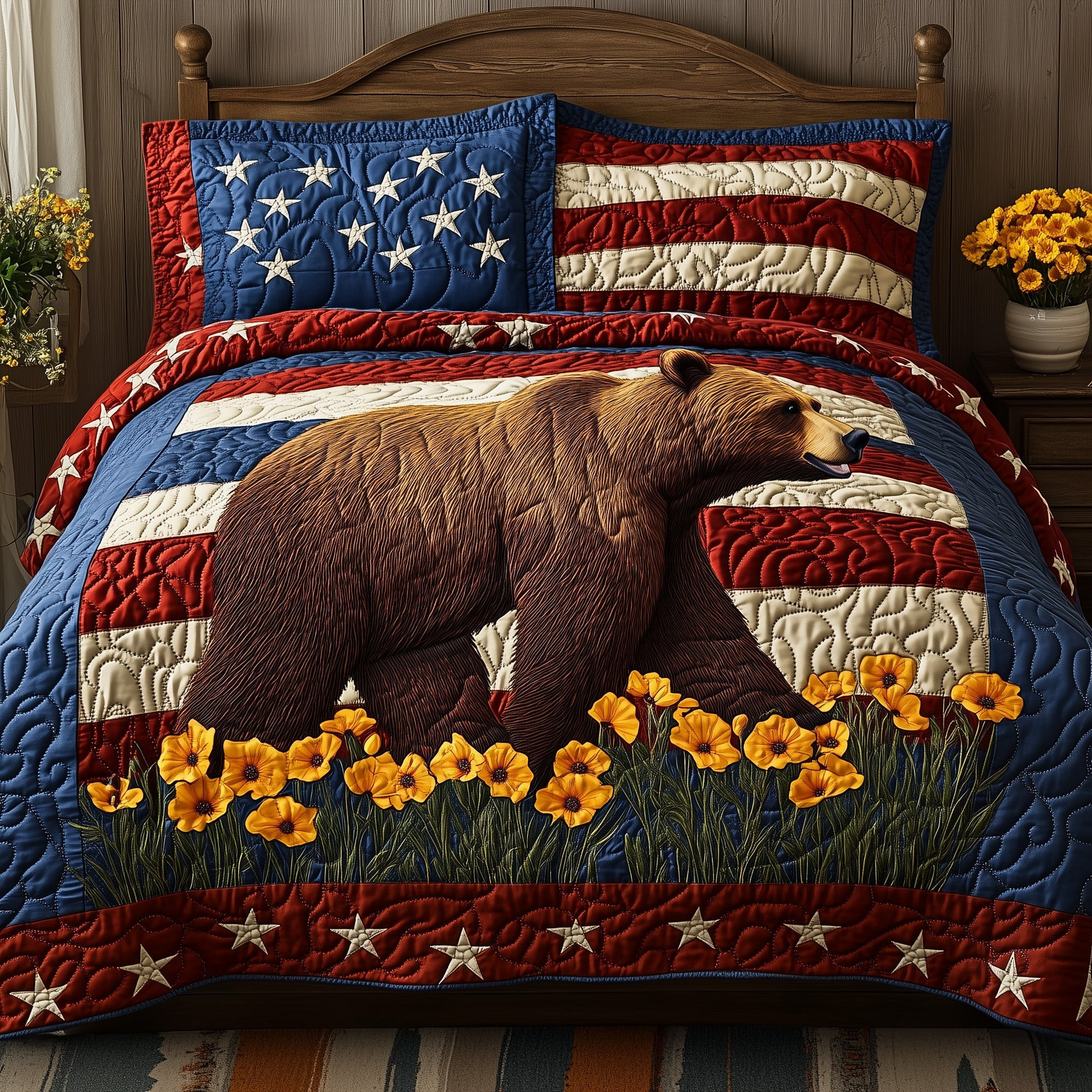 The Patriotic Grizzly  Quilted Bedding Set 4Th Of July Gifts For Coworkers