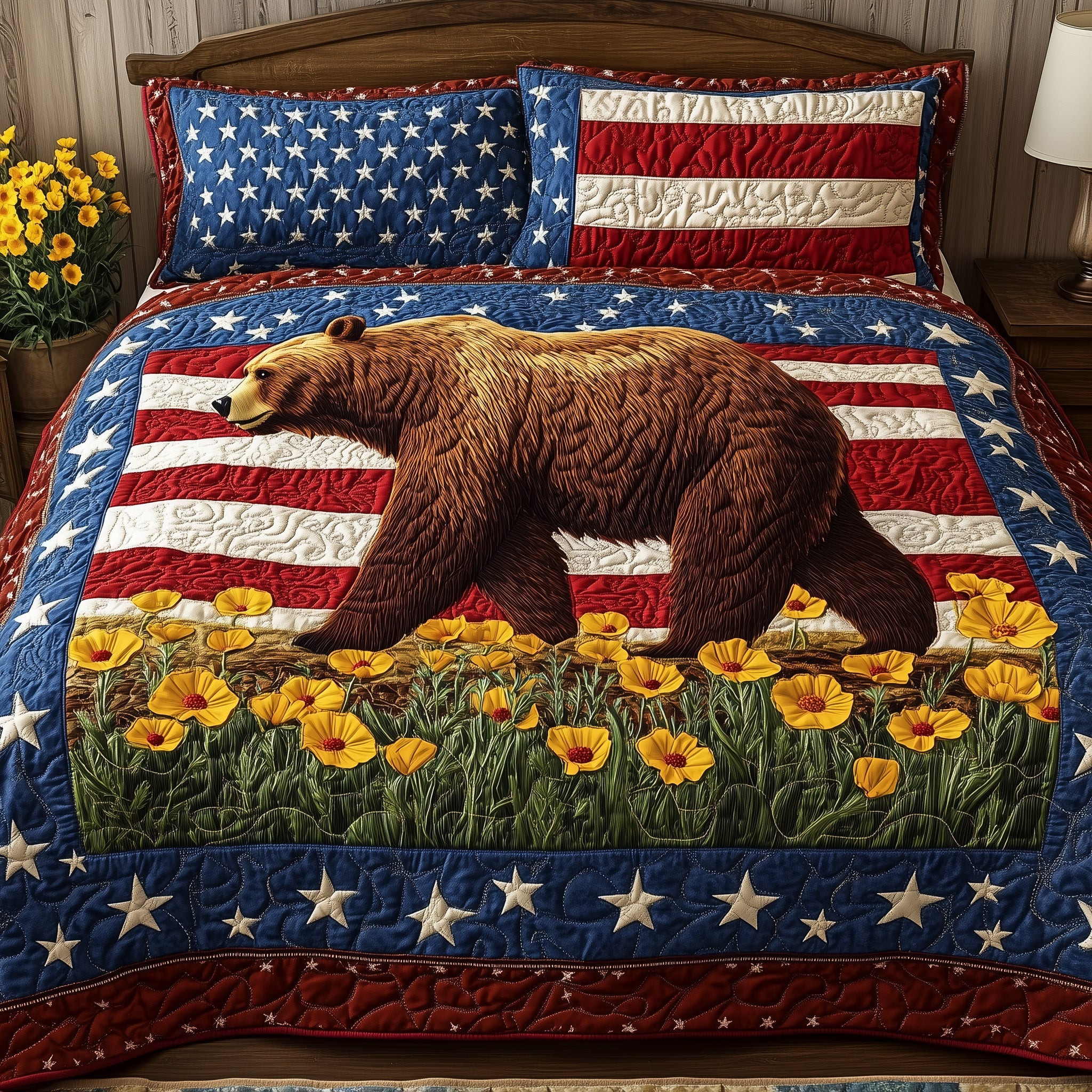 The Patriotic Grizzly  Quilted Bedding Set Best Bedding Sets 4Th Of July Neighbor Gifts