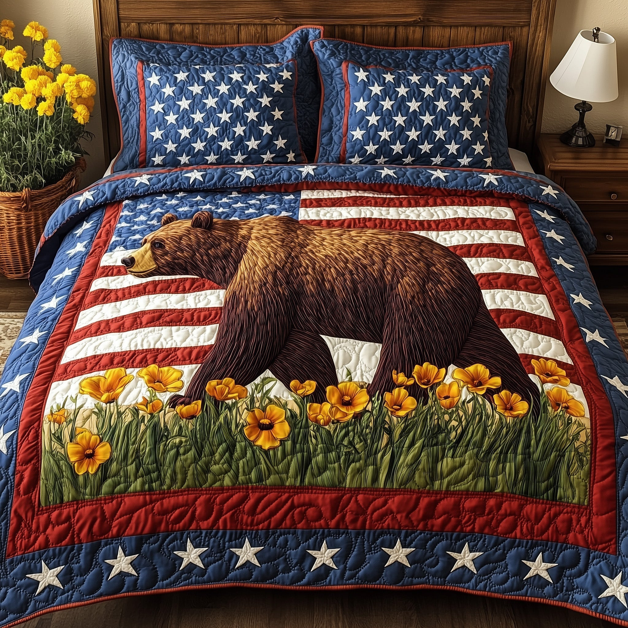 The Patriotic Grizzly  Quilted Bedding Set  King Size Quilt Fourth Of July Gift Ideas