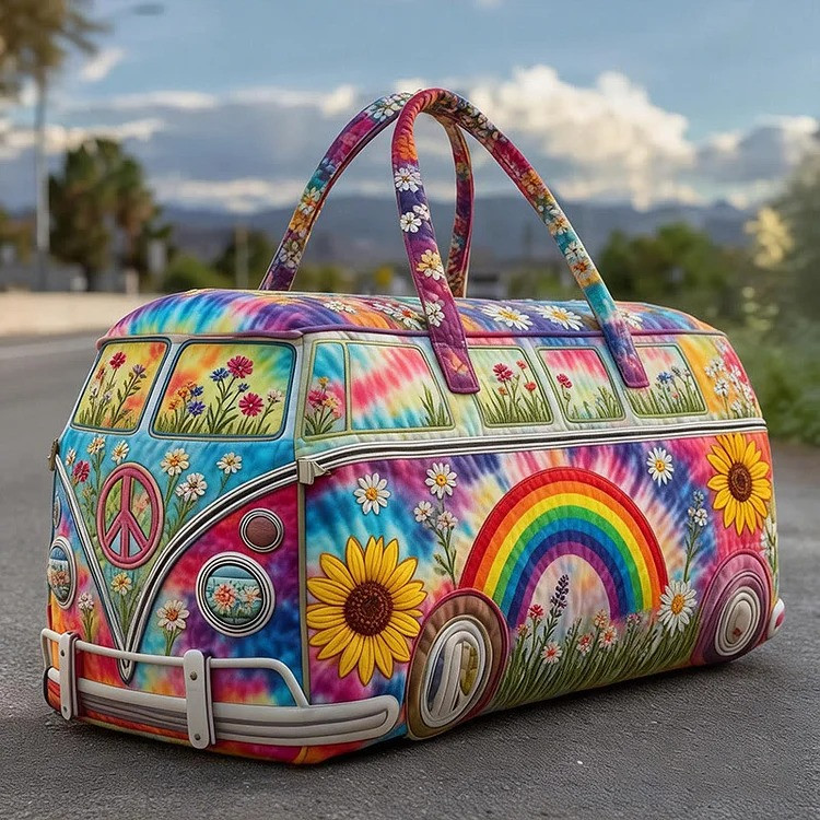 Tie Dye Rainbow Hippie Van Quilted Duffle Bag Colorful Boho Floral Bag Gift For Her - Tradiviet