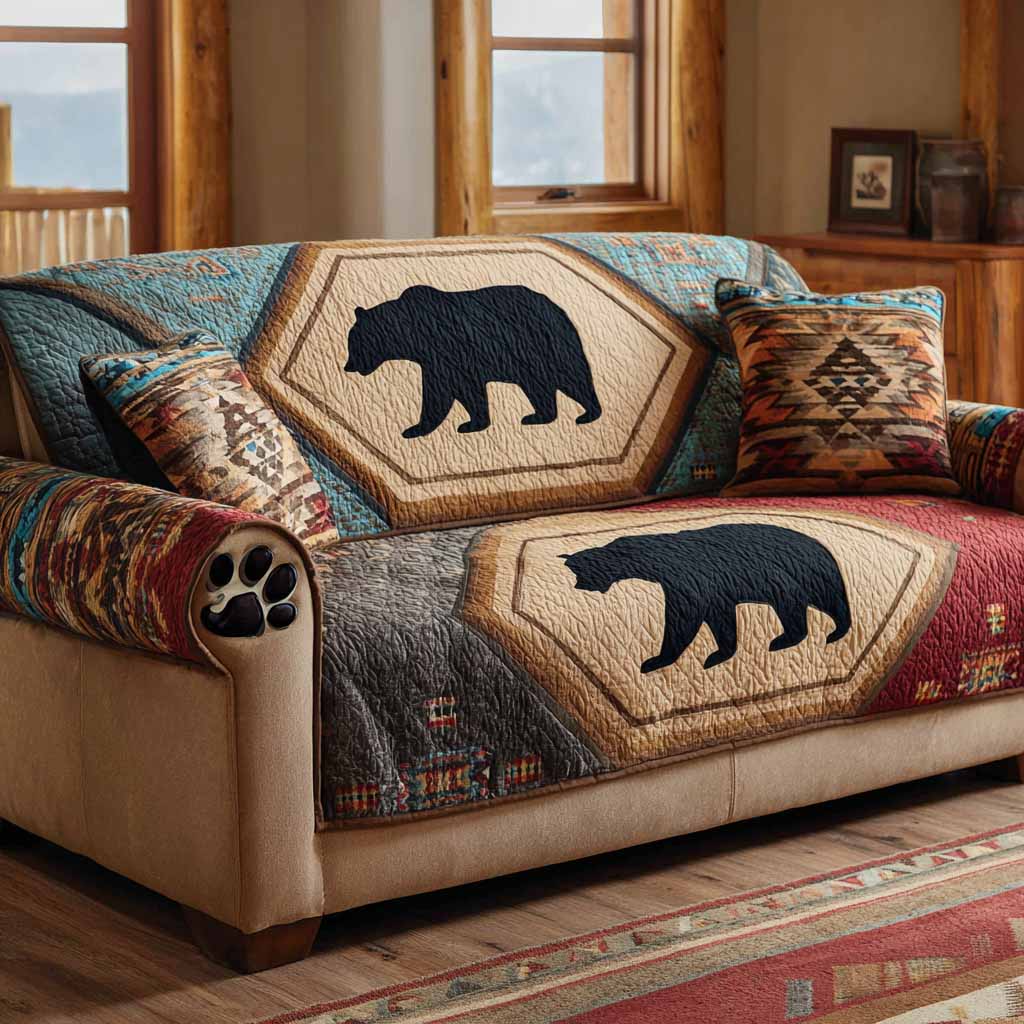 Timber Bear Quilted Sofa Cover Bear Woodland Theme Rustic Couch Protector