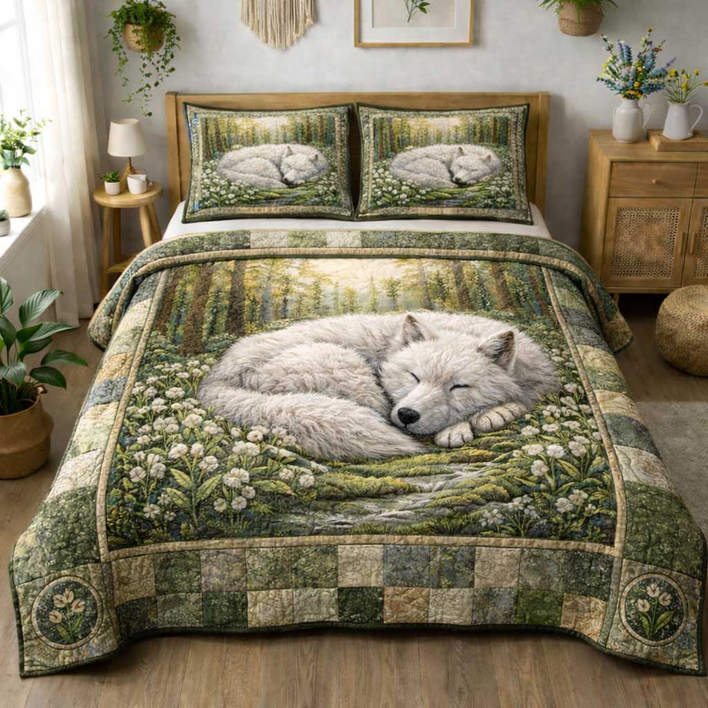 Timber Wolf Quilted Bedding Set Bohemian Bedroom Furniture Unique Gifts For Wolf Lovers - Tradiviet