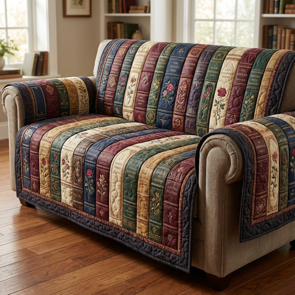 Timeless Library Quilted Sofa Cover Vintage Library Book Design Gift For Readers