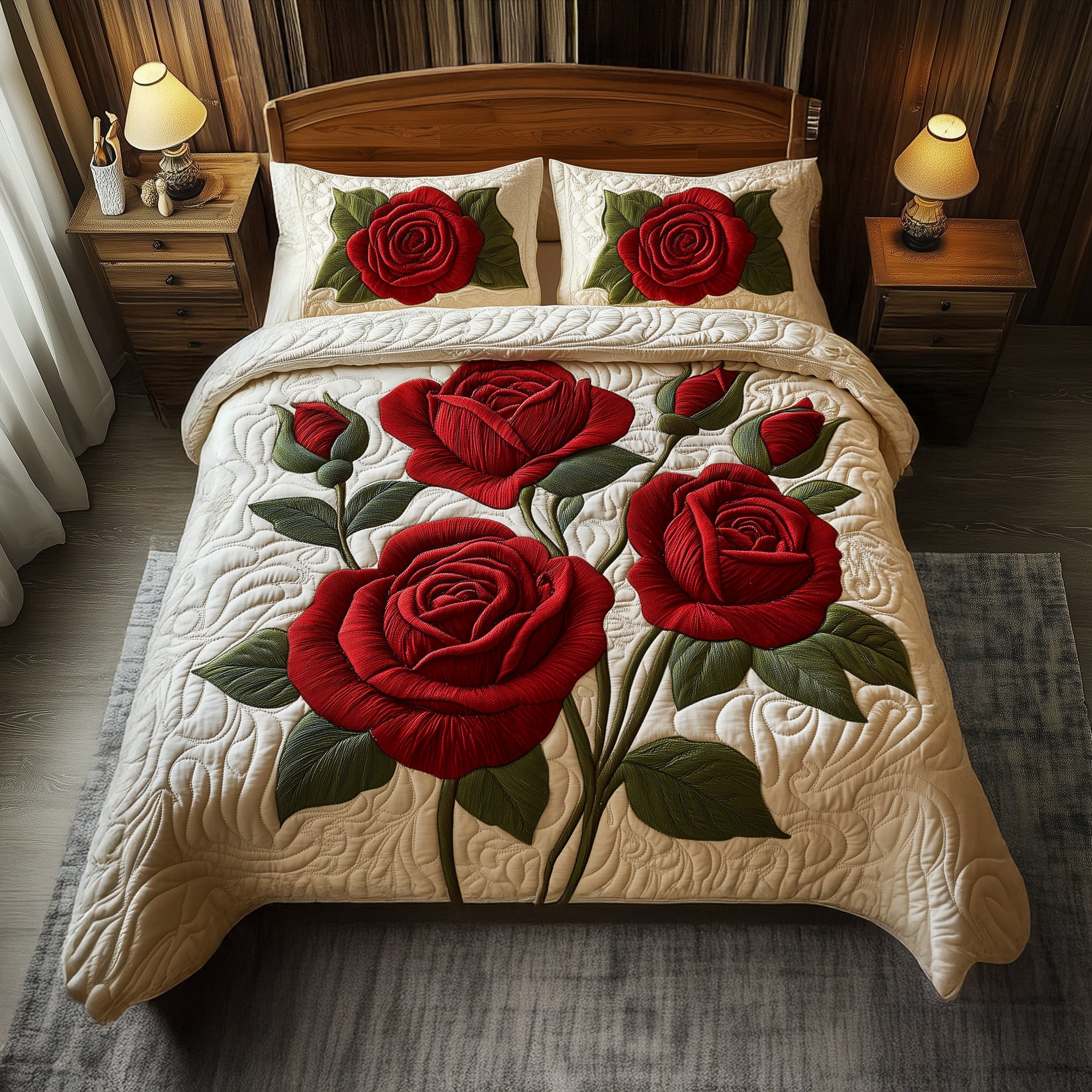 Timeless Scarlet Bloom Quilted Bedding Set Bedroom Decorations Gift For Elegant Decor - Tradiviet - Image 4