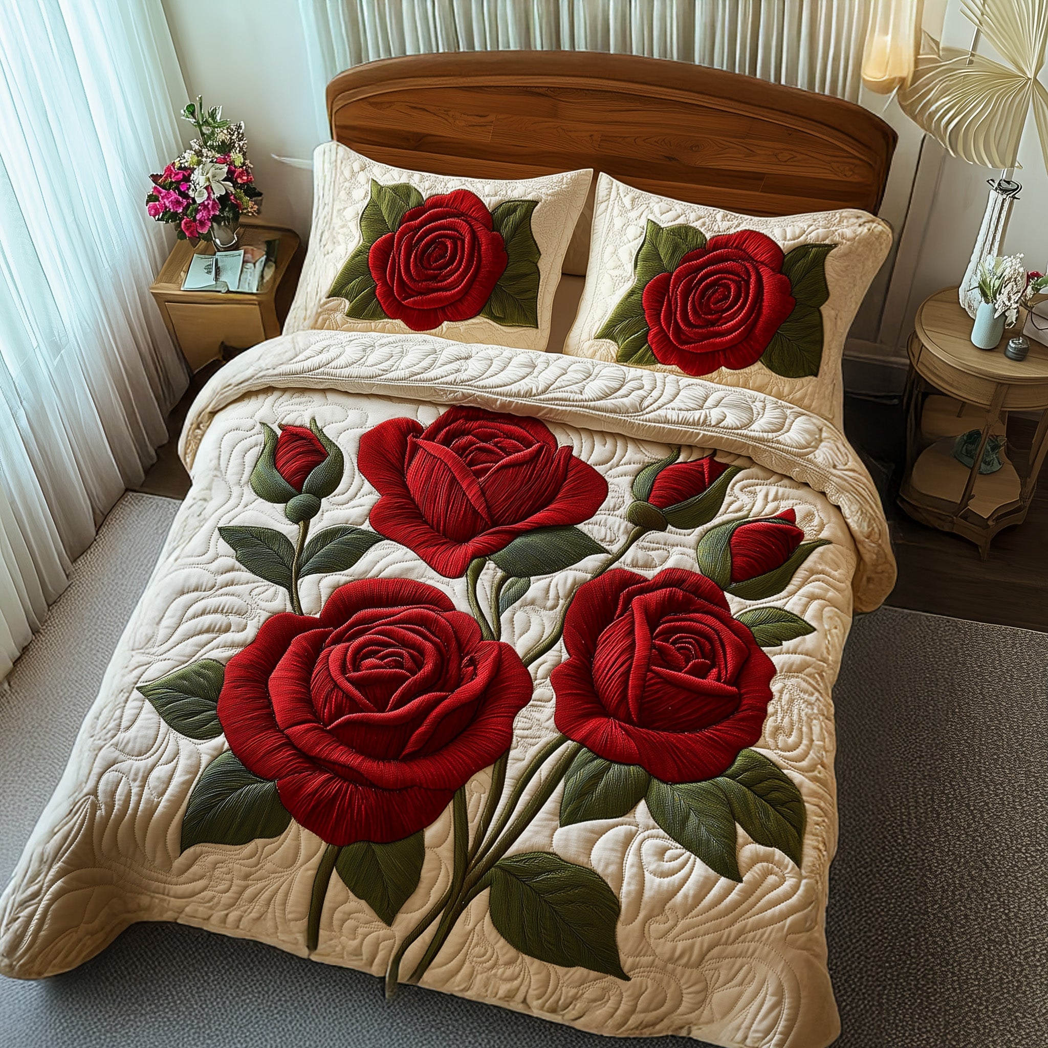 Timeless Scarlet Bloom Quilted Bedding Set Bedroom Decorations Gift For Elegant Decor - Tradiviet - Image 2