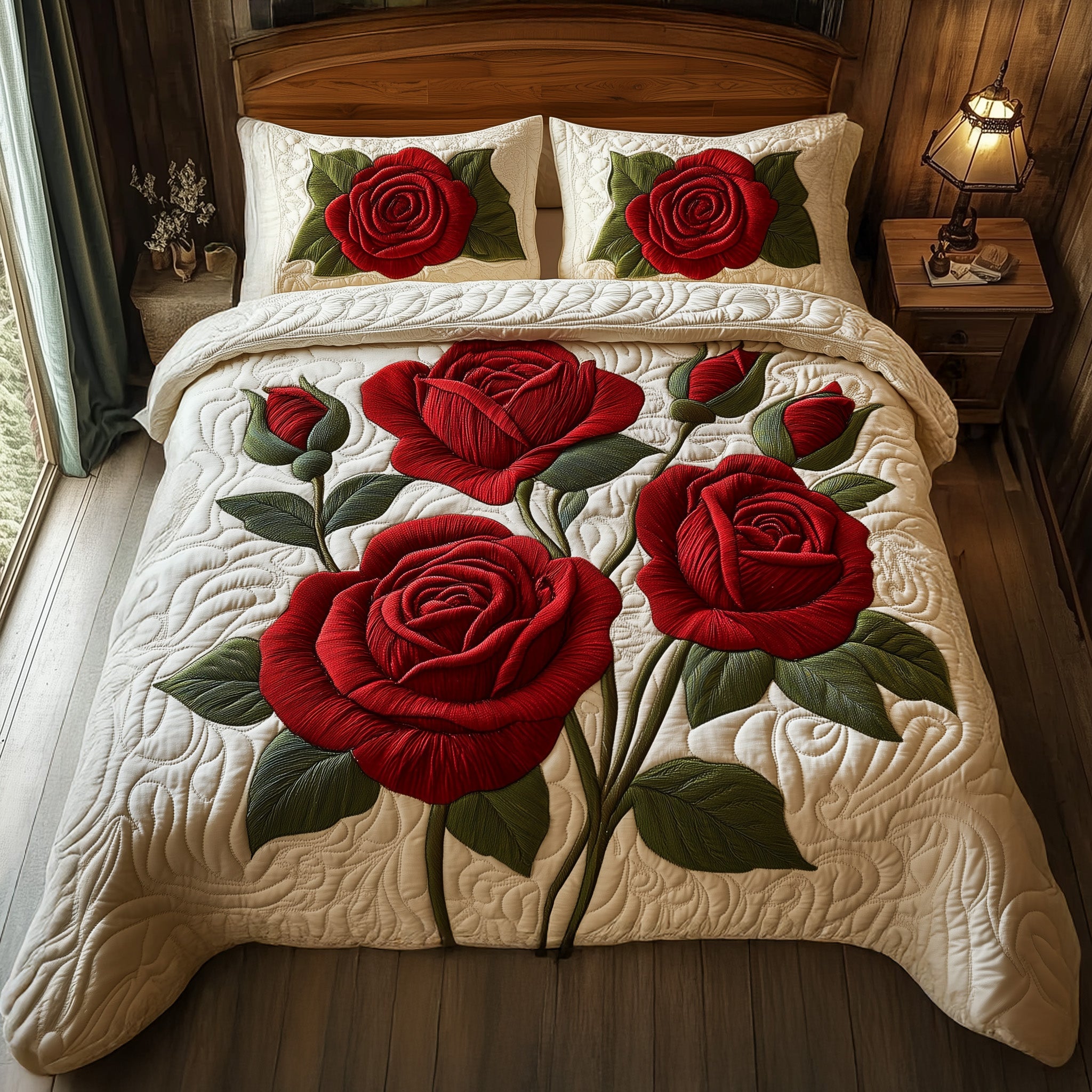 Timeless Scarlet Bloom Quilted Bedding Set Bedroom Decorations Gift For Elegant Decor - Tradiviet - Image 3