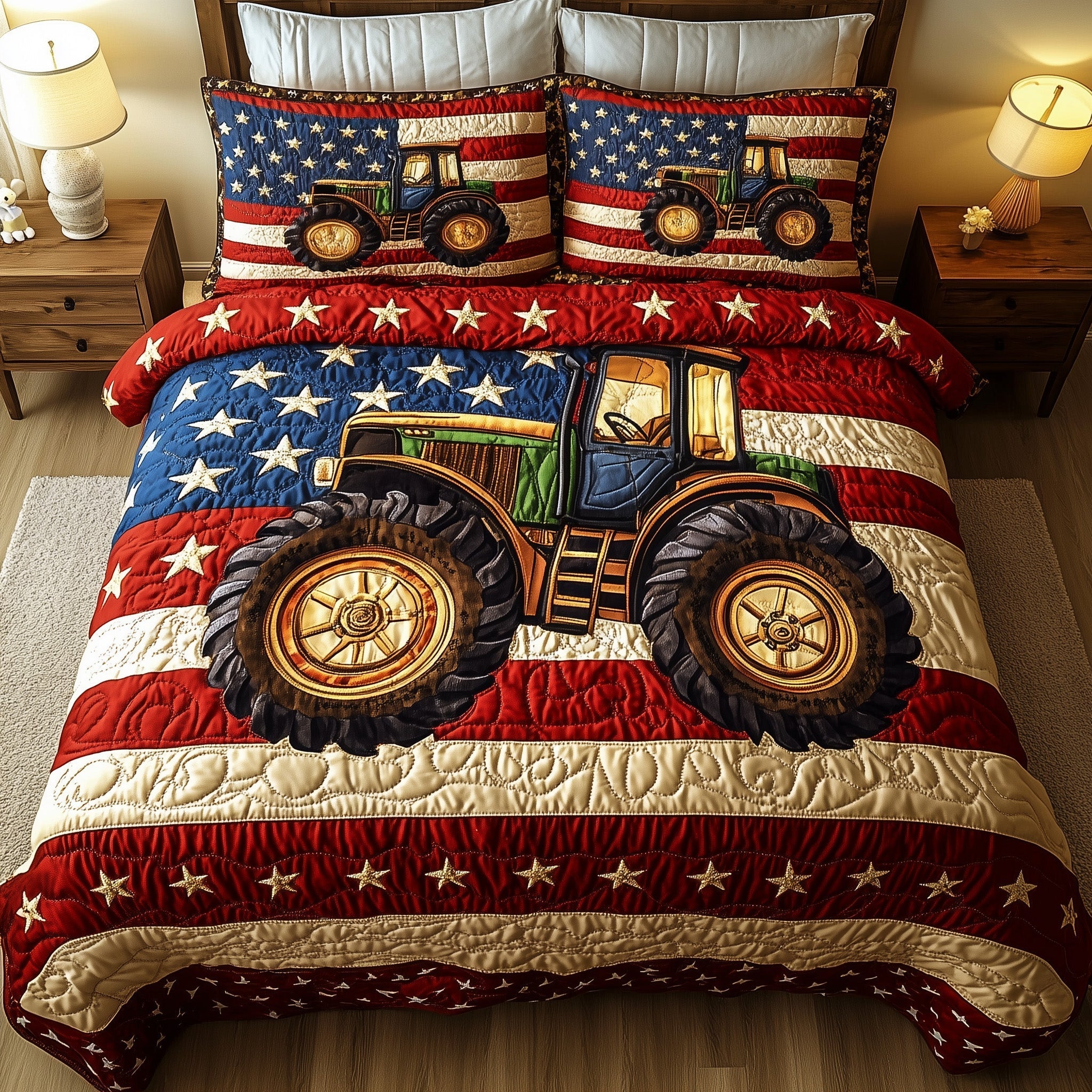 Tractor American Flag Quilted Bedding Set Patriotic 1776 Bedding Mothers Day Gift - Tradiviet