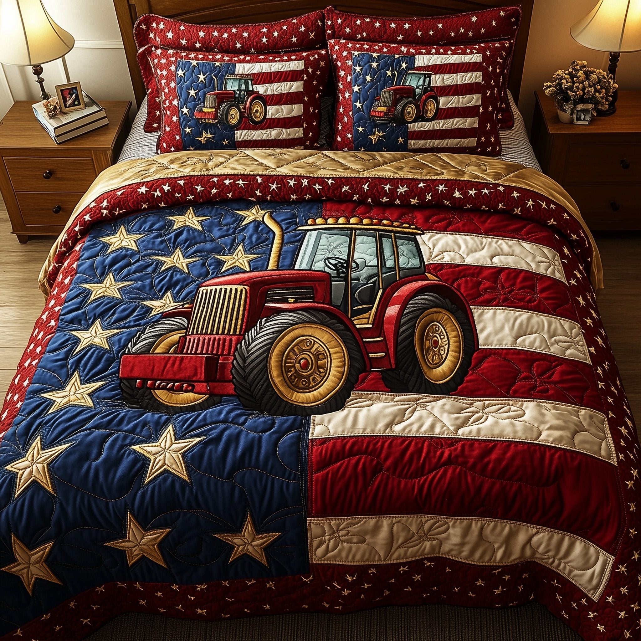 Tractor American Flag USA Flag Quilted Bedding Set Patriotic 250 Quilt Set Gift For Patriot - Tradiviet