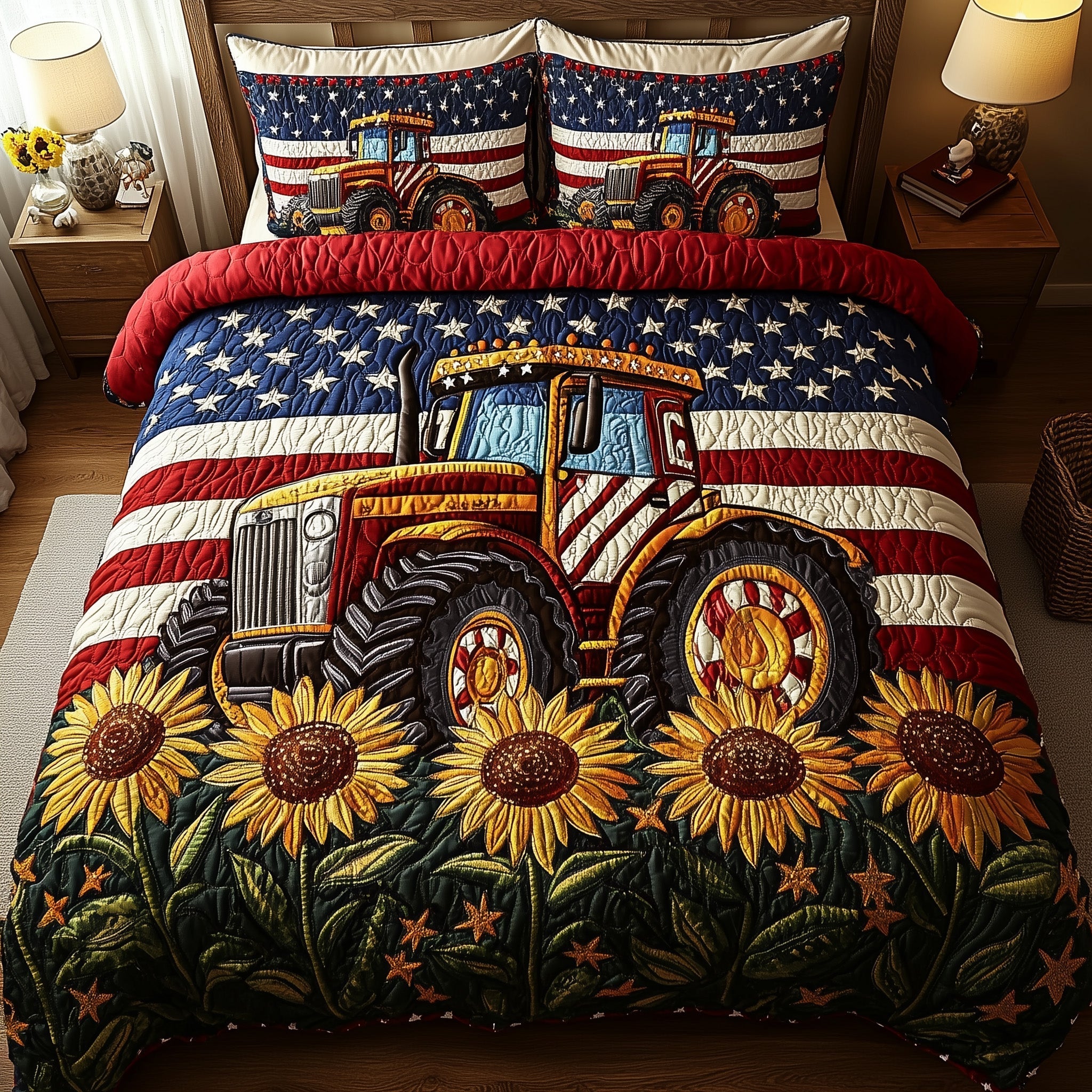 Tractor Flowers American Flag Quilted Bedding Set And Sunflowers Bedding Gift For Home Decorator - Tradiviet