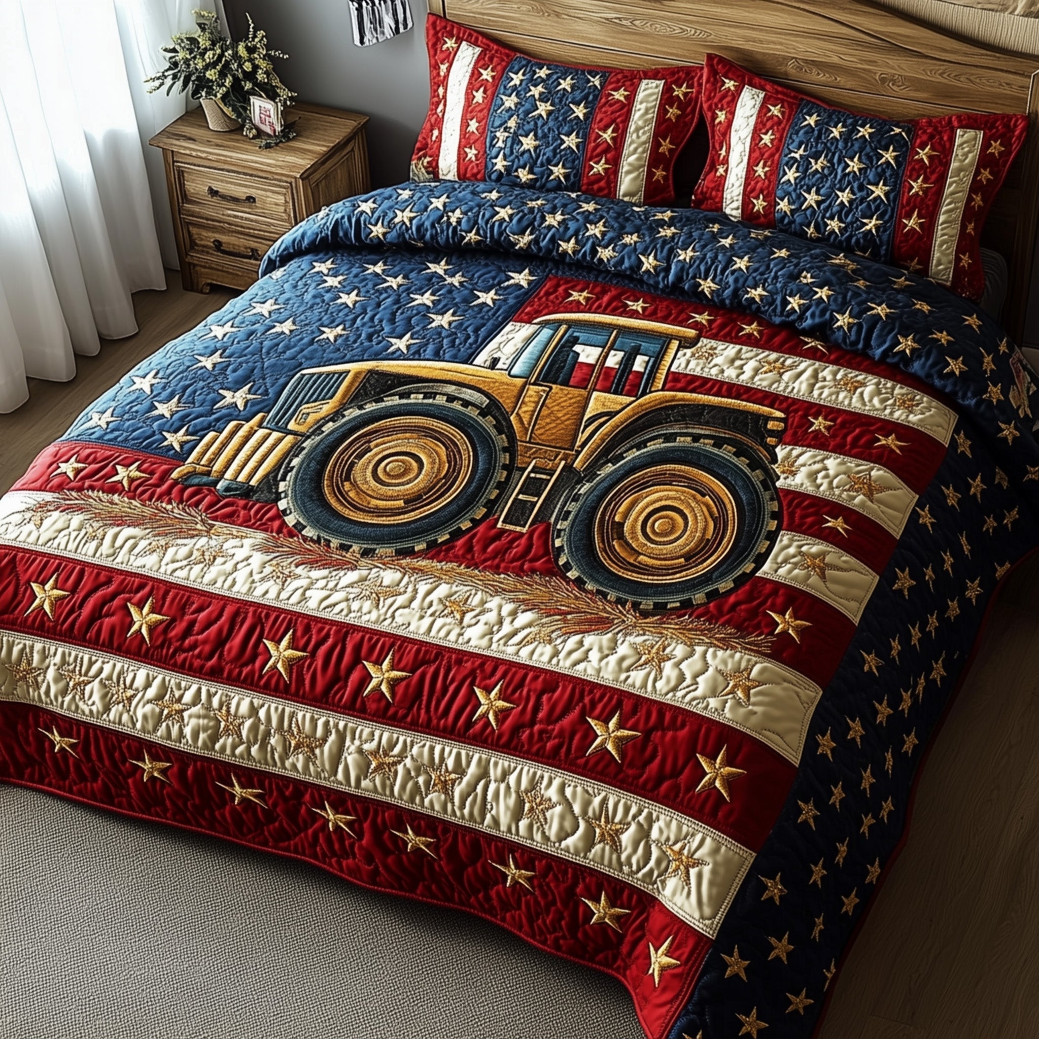 Tractor USA Flag Quilted Bedding Set Farm Life Patchwork Bedding Gift For Proud Veteran - Tradiviet