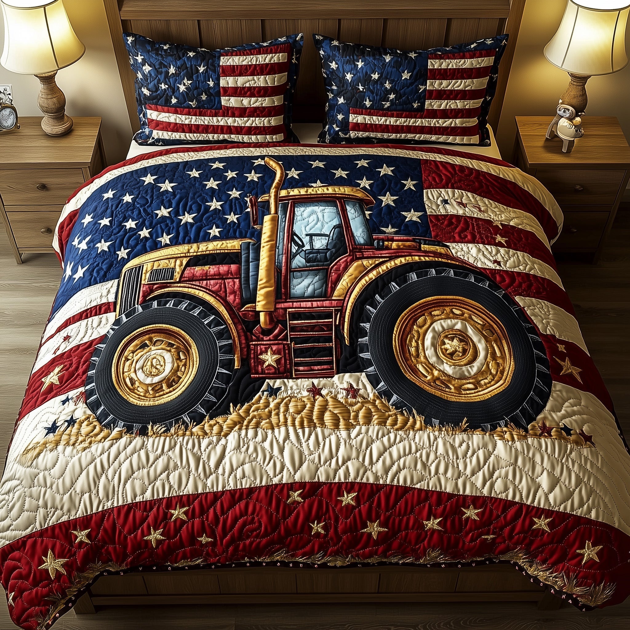 Tractor USA Flag Quilted Bedding Set Stars And Stripes Bedding Gift For Patriotic Family - Tradiviet