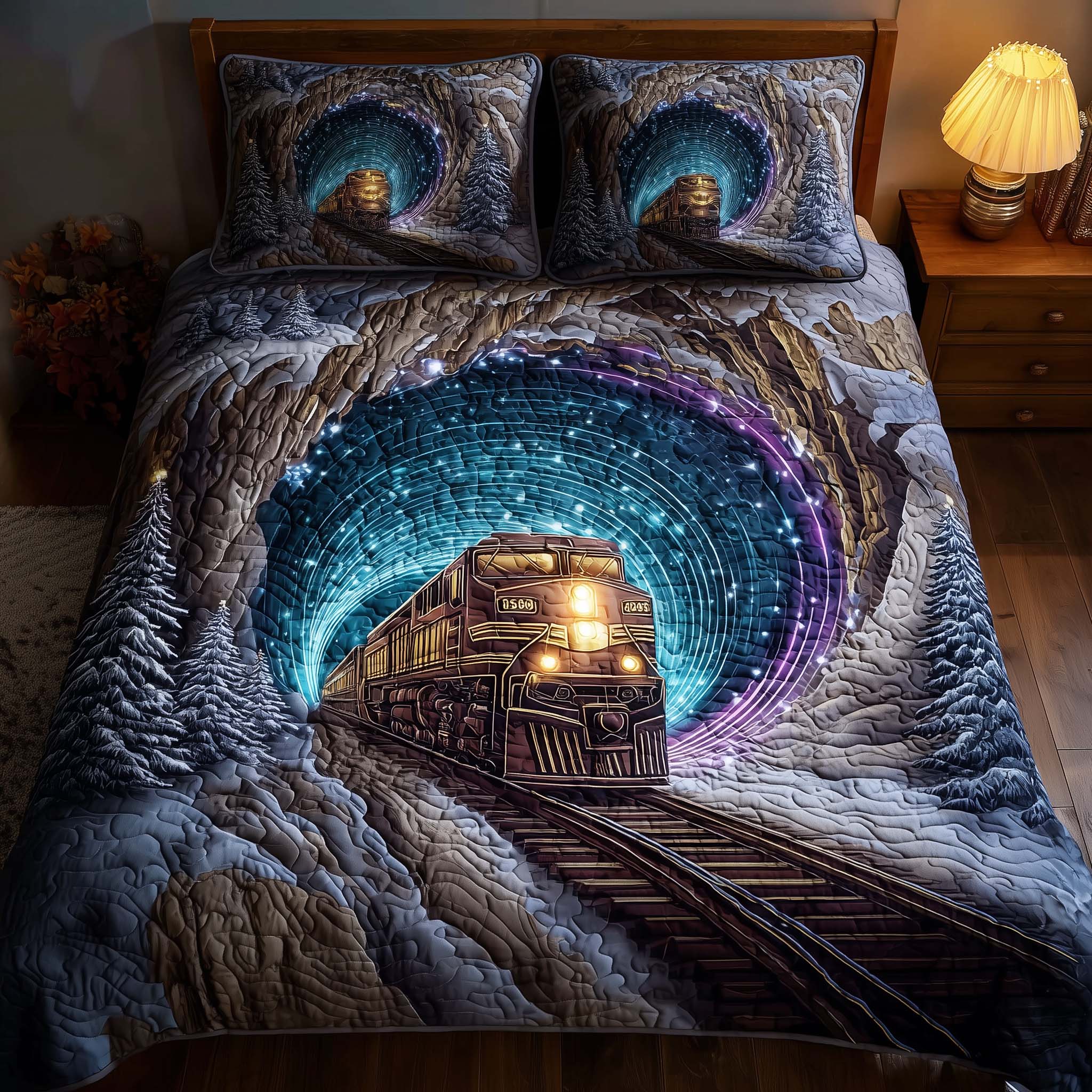 Train Journey Quilted Bedding Set Autumn Inspired Bedroom Gifts For Model Train Enthusiasts - Tradiviet