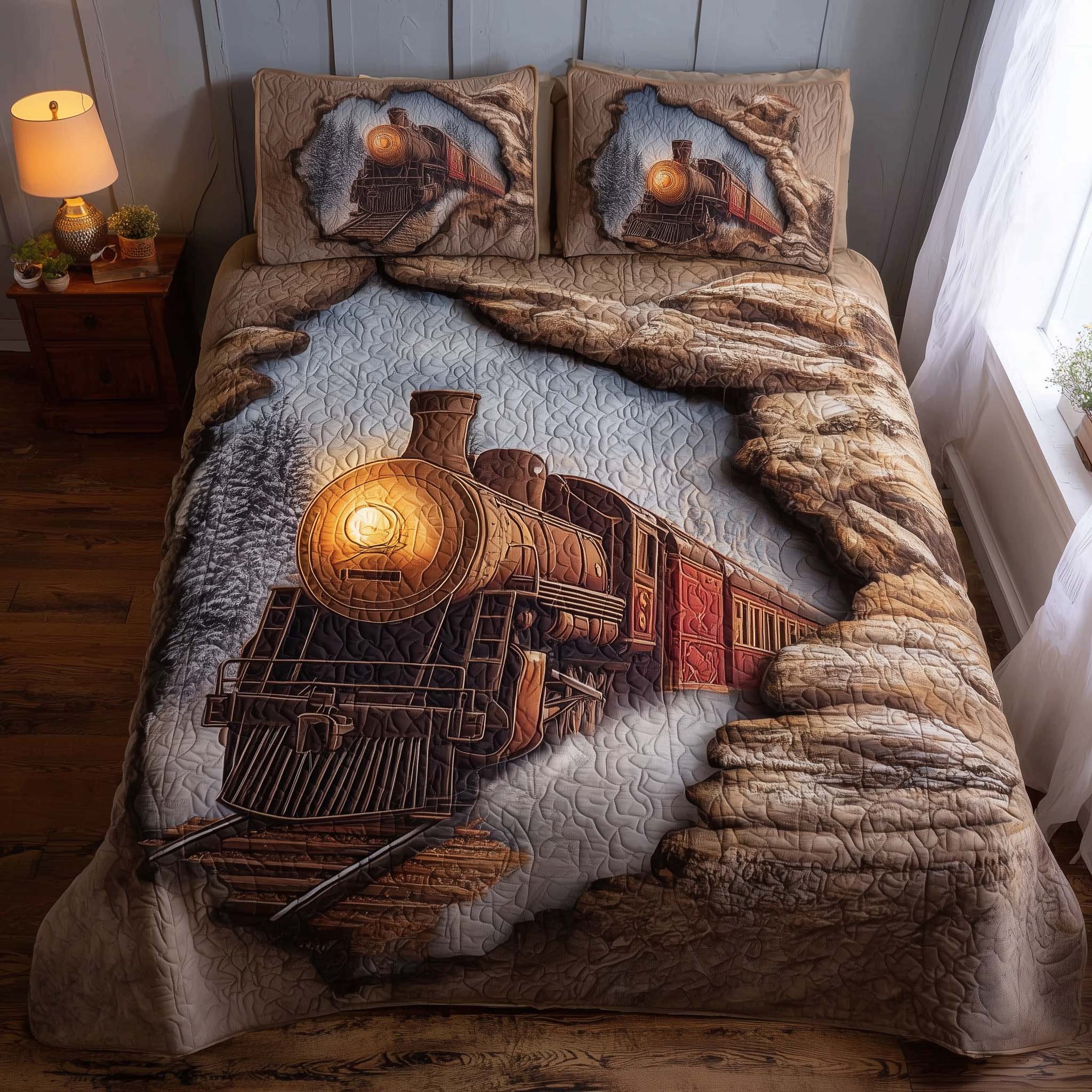 Train Journey Quilted Bedding Set Bedroom Decorations Unusual Gifts For Train Lovers - Tradiviet