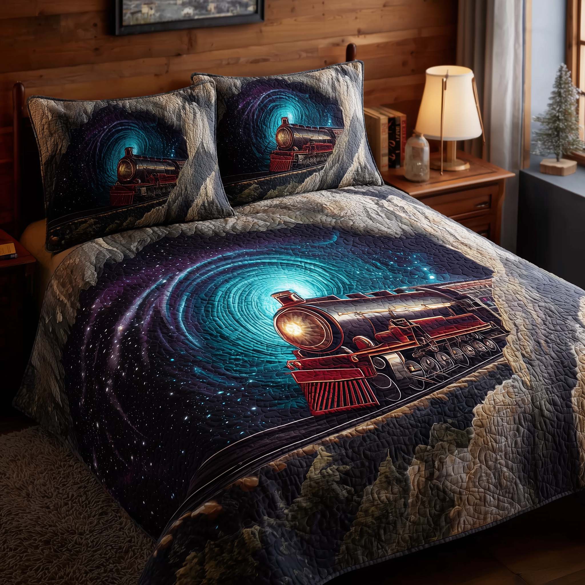 Train Journey Quilted Bedding Set Bohemian Bedroom Furniture Train Presents For Adults - Tradiviet