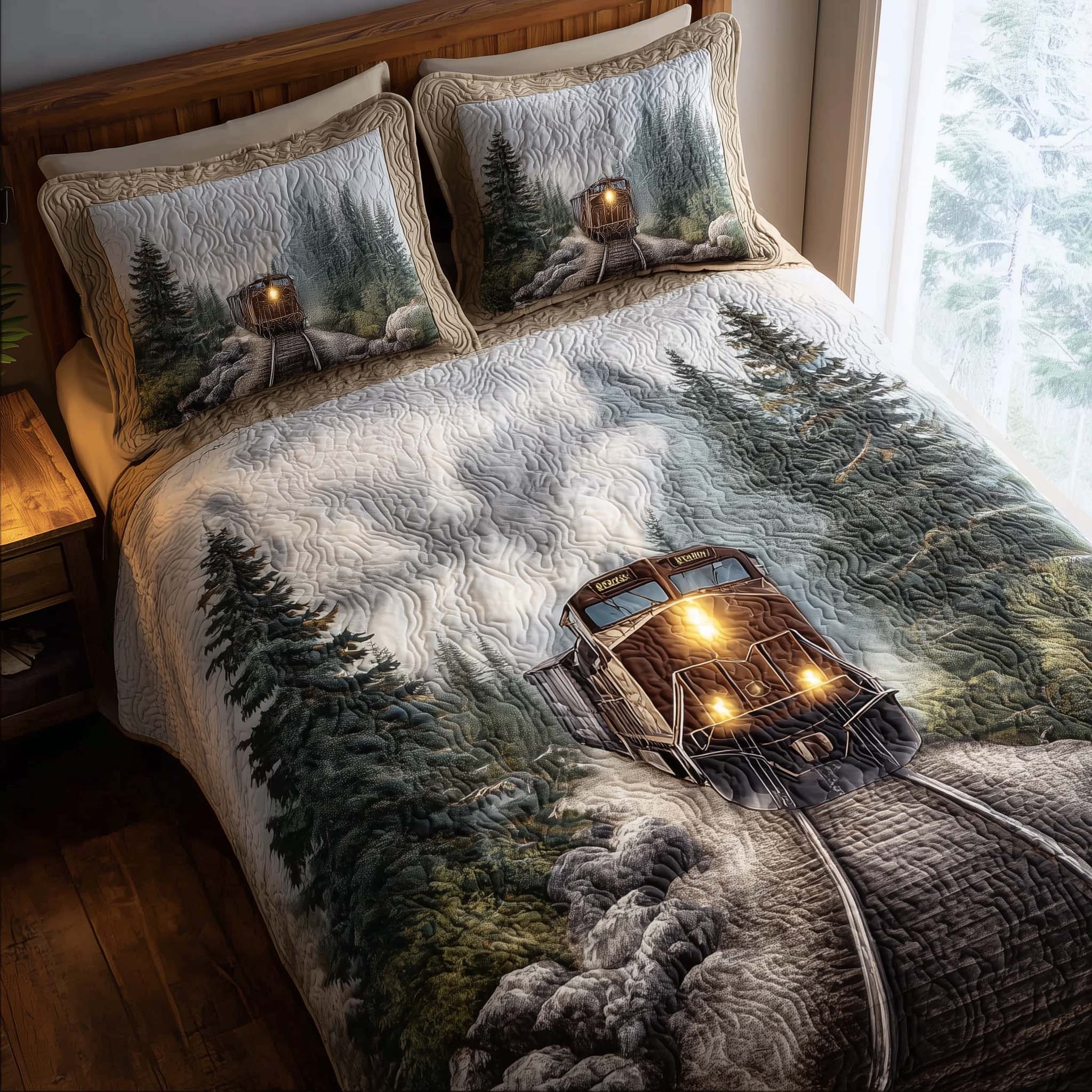 Train Journey Quilted Bedding Set Holiday Bedroom Decor Unique Gifts For Train Lovers - Tradiviet