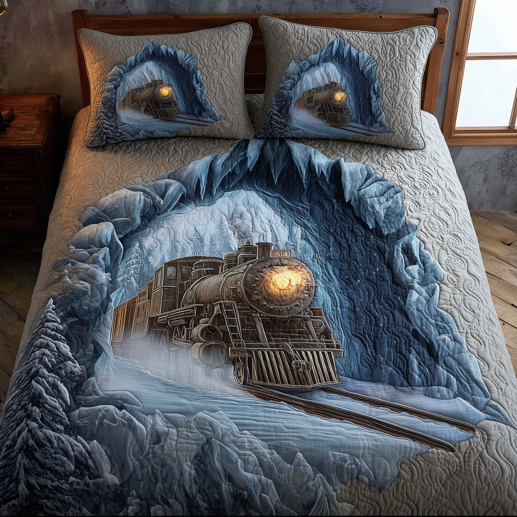 Train Journey Quilted Bedding Set Holiday Decorations Gifts For Train Lovers - Tradiviet