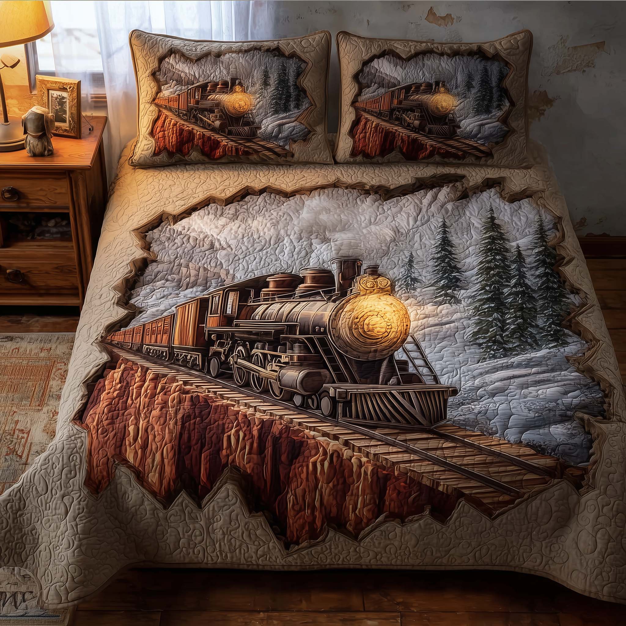 Train Journey Quilted Bedding Set Holiday Home Decor Ideas Train Gifts For Adults - Tradiviet