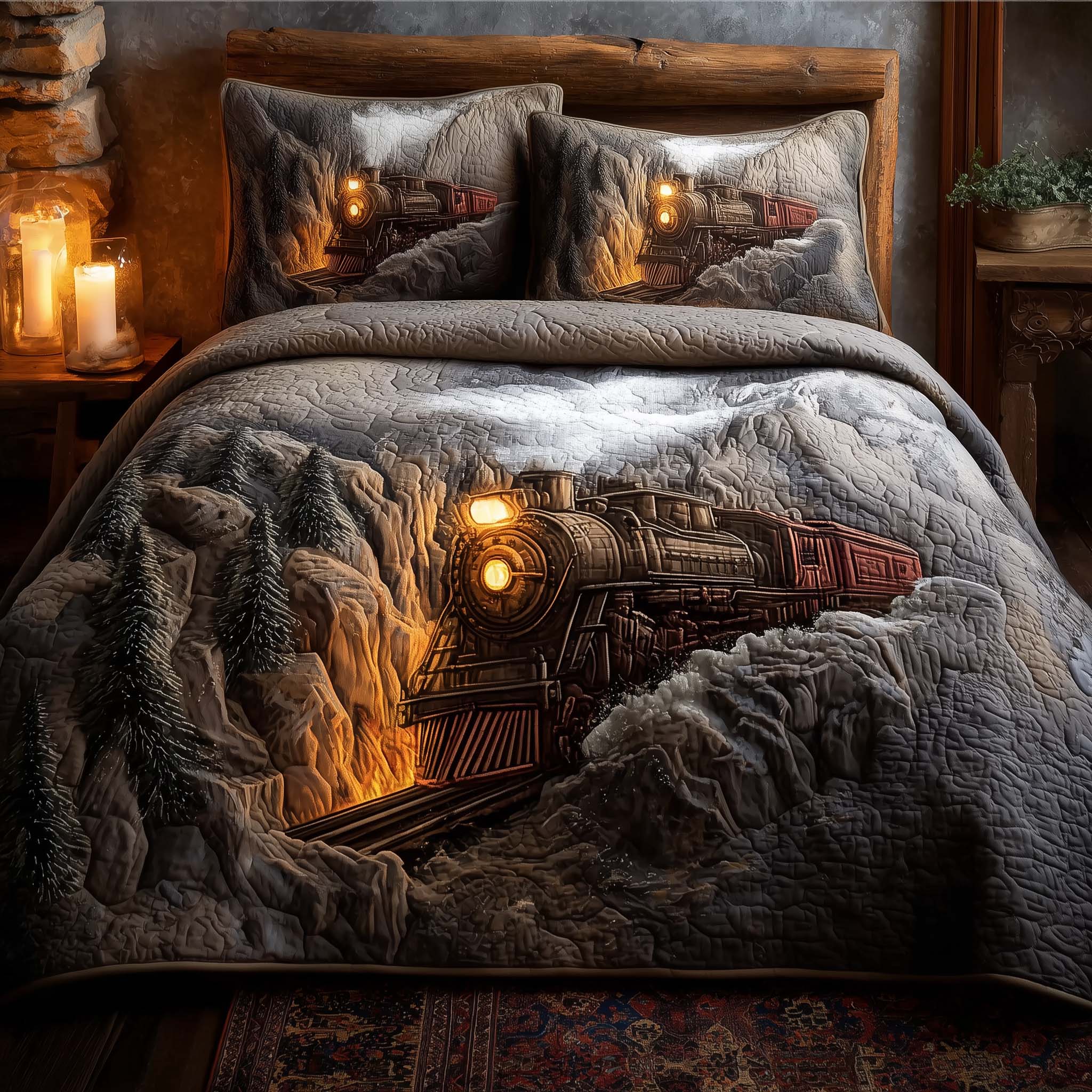 Train Journey Quilted Bedding Set Mens Bedroom Decor Best Gifts For Train Lovers - Tradiviet