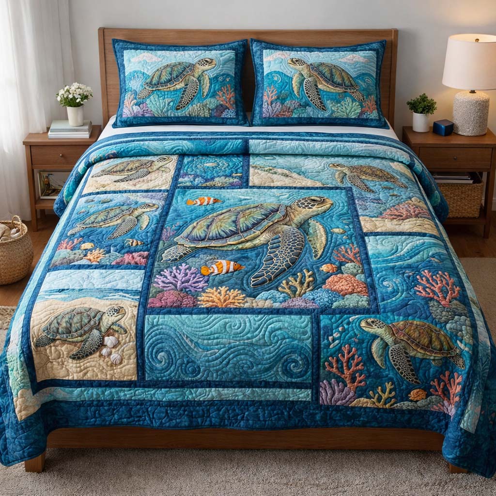 Tranquil Turtle Quilted Bedding Set Autumn Inspired Bedroom Sea Turtle Gift Ideas - Tradiviet