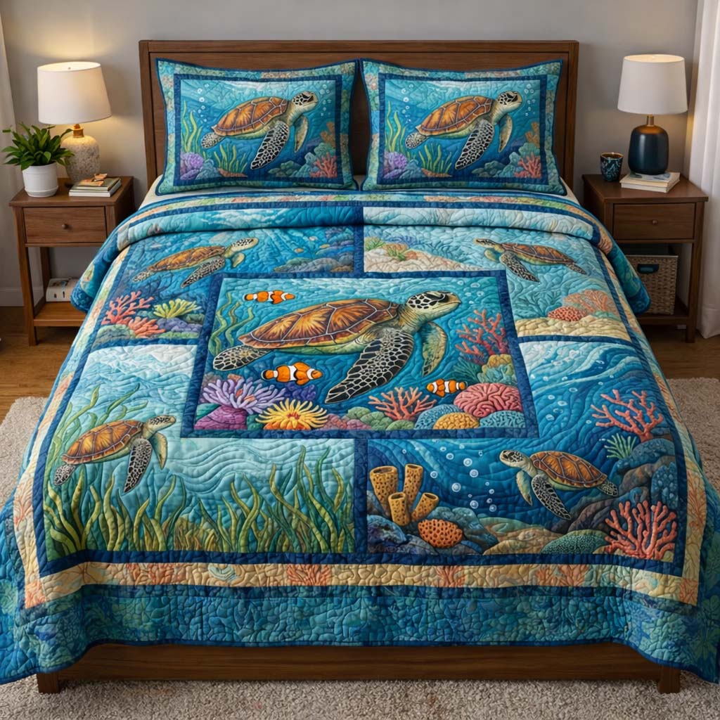 Tranquil Turtle Quilted Bedding Set Bohemian Bedroom Furniture Sea Turtle Gifts For Her - Tradiviet