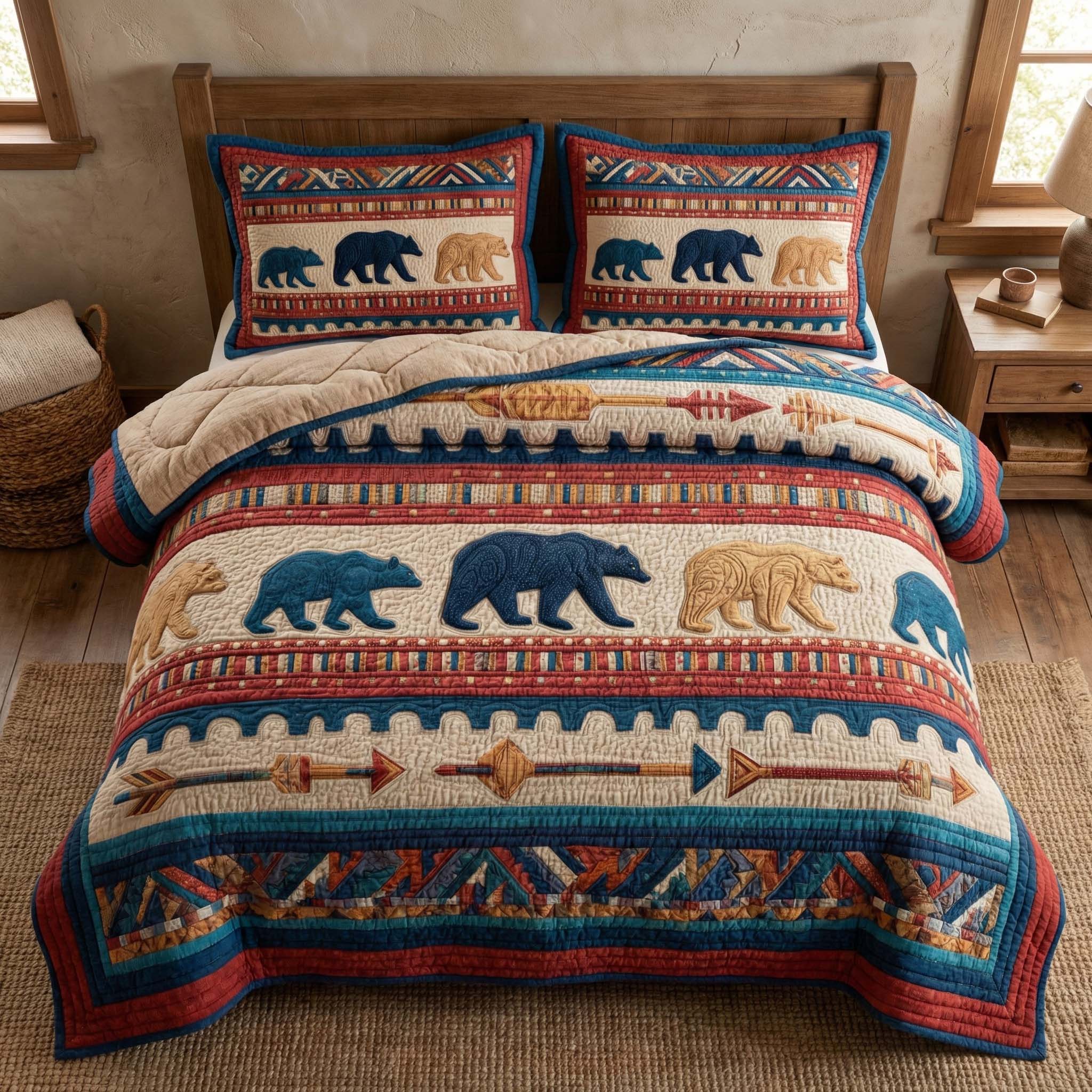 Tribal Bear Row Quilted Bedding Set Holiday House Decorations Unique Gifts For Bear Lovers - Tradiviet