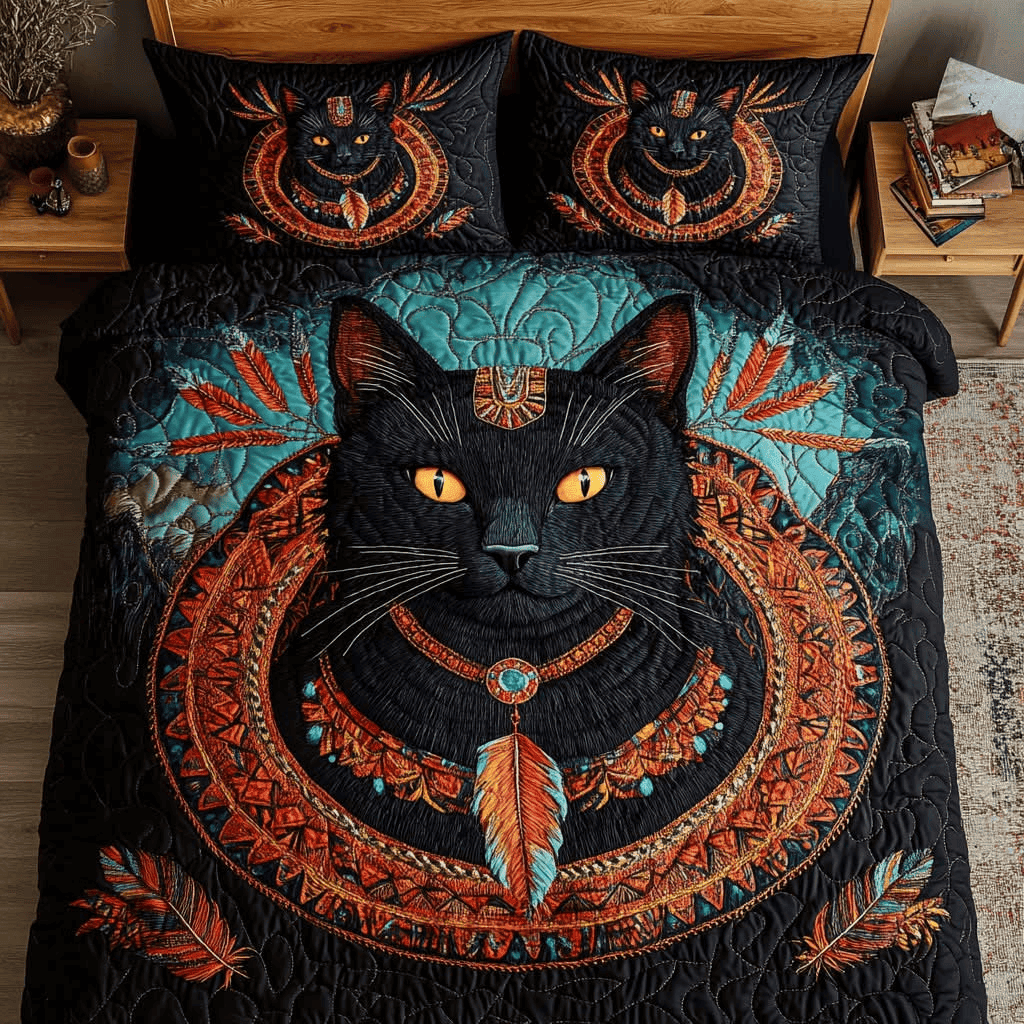 Tribal Cat Quilt Bedding Set Native American Bedspread Black Cat Themed