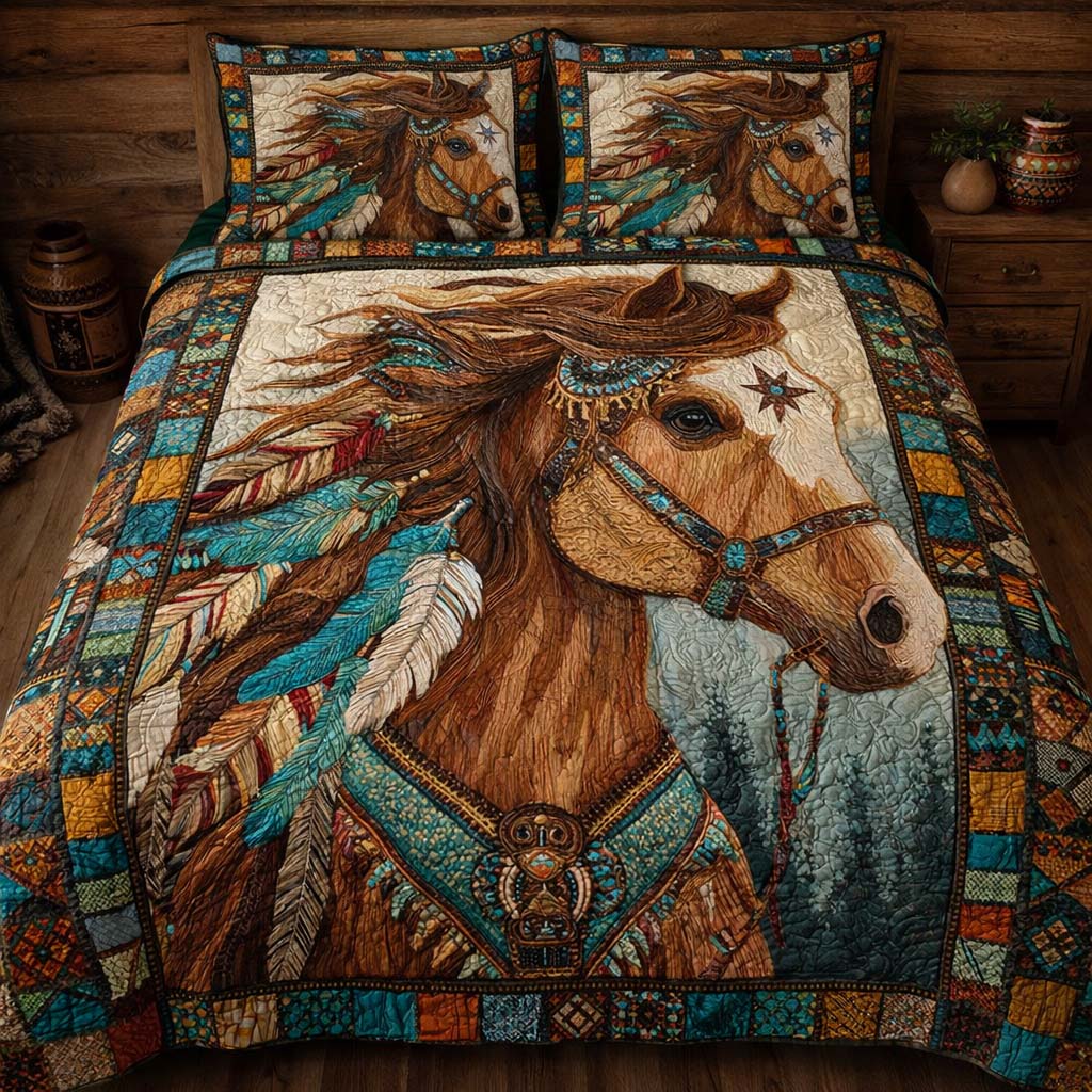 Tribal Feather Horse Quilted Bedding Set Holiday Decorations For Your Room Gifts For Someone Who Likes Horses - Tradiviet