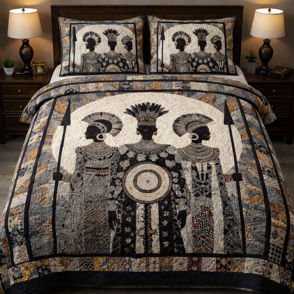 Tribal Moon Warriors Quilted Bedding Set Bohemian Bedroom Furniture Gift For Warrior Culture Fans - Tradiviet