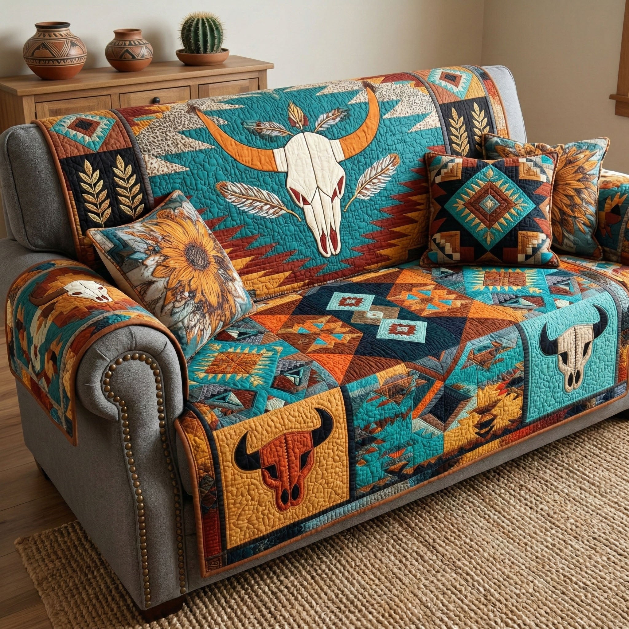 Tribal Skull Quilted Sofa Cover Boho Western Pattern Home Decor