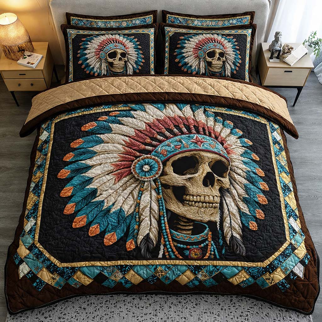 Tribal Spirit Skull Quilted Bedding Set Bohemian Bedroom Furniture Mexican Skull Souvenirs - Tradiviet