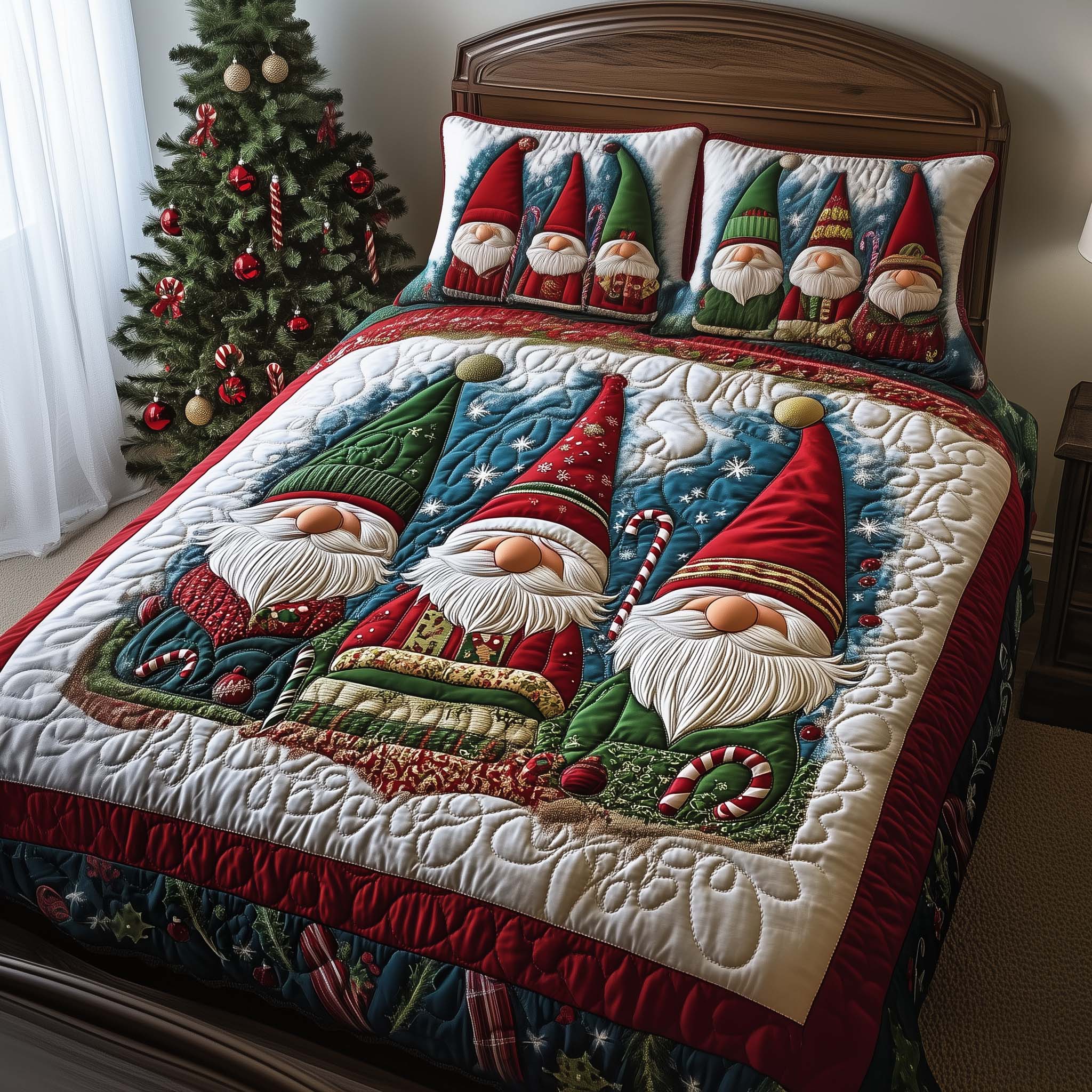 Trio Gnomes Quilted Bedding Set Bed Room Decoration Cute Gnome Gifts - Tradiviet