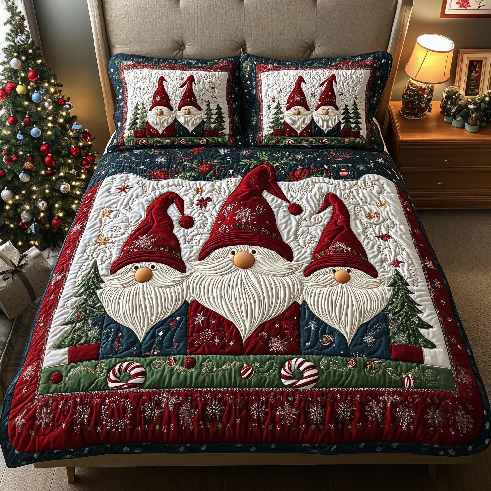 Trio Gnomes Quilted Bedding Set Bed Room Decoration Gnome Themed Gifts - Tradiviet