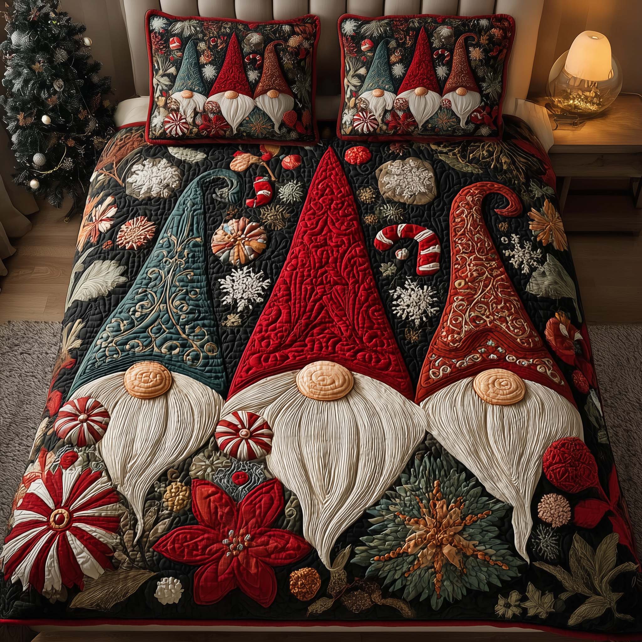 Trio Gnomes Quilted Bedding Set Bedroom Decorations Funny Gnome Gifts - Tradiviet