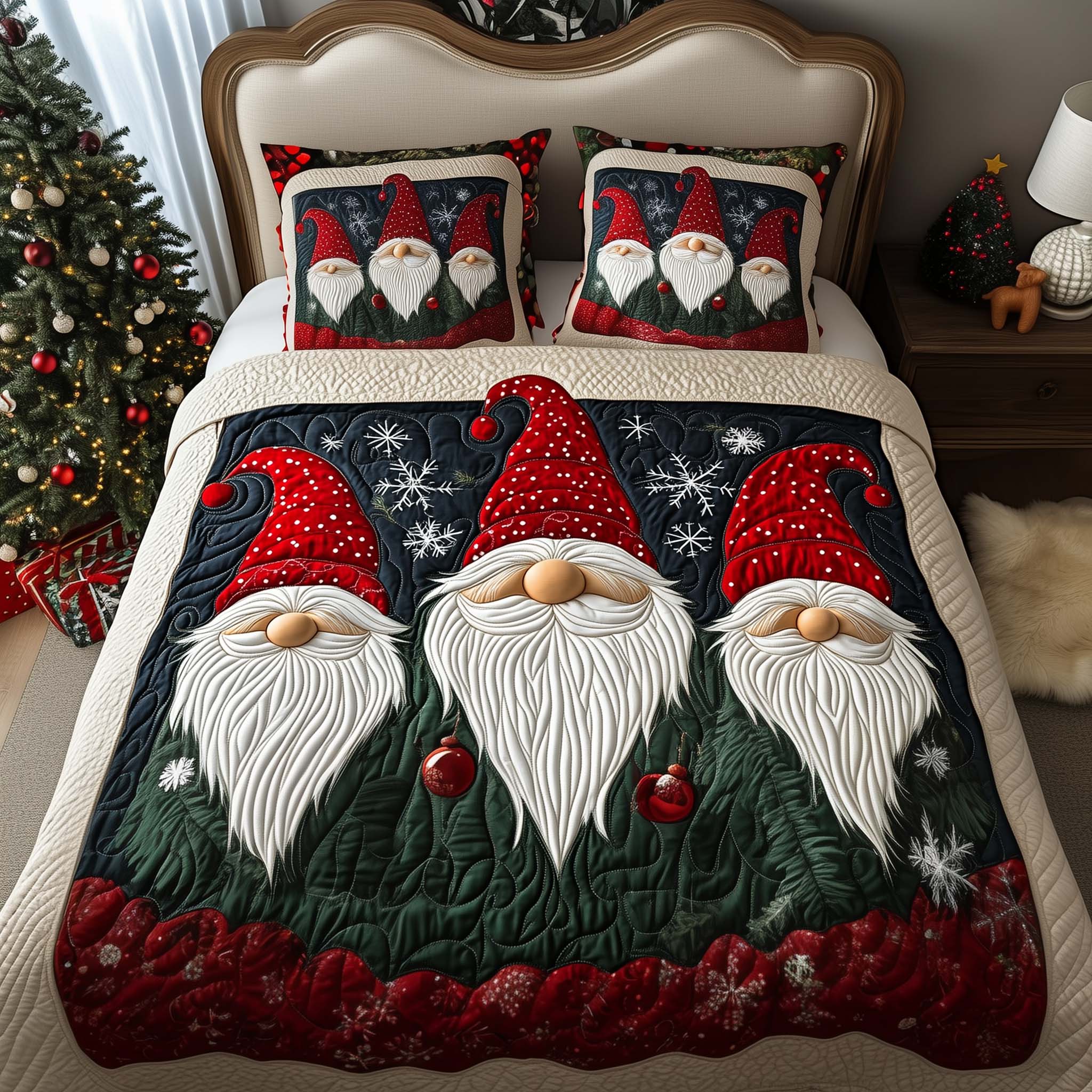 Trio Gnomes Quilted Bedding Set Holiday Decorations Gnome Presents - Tradiviet