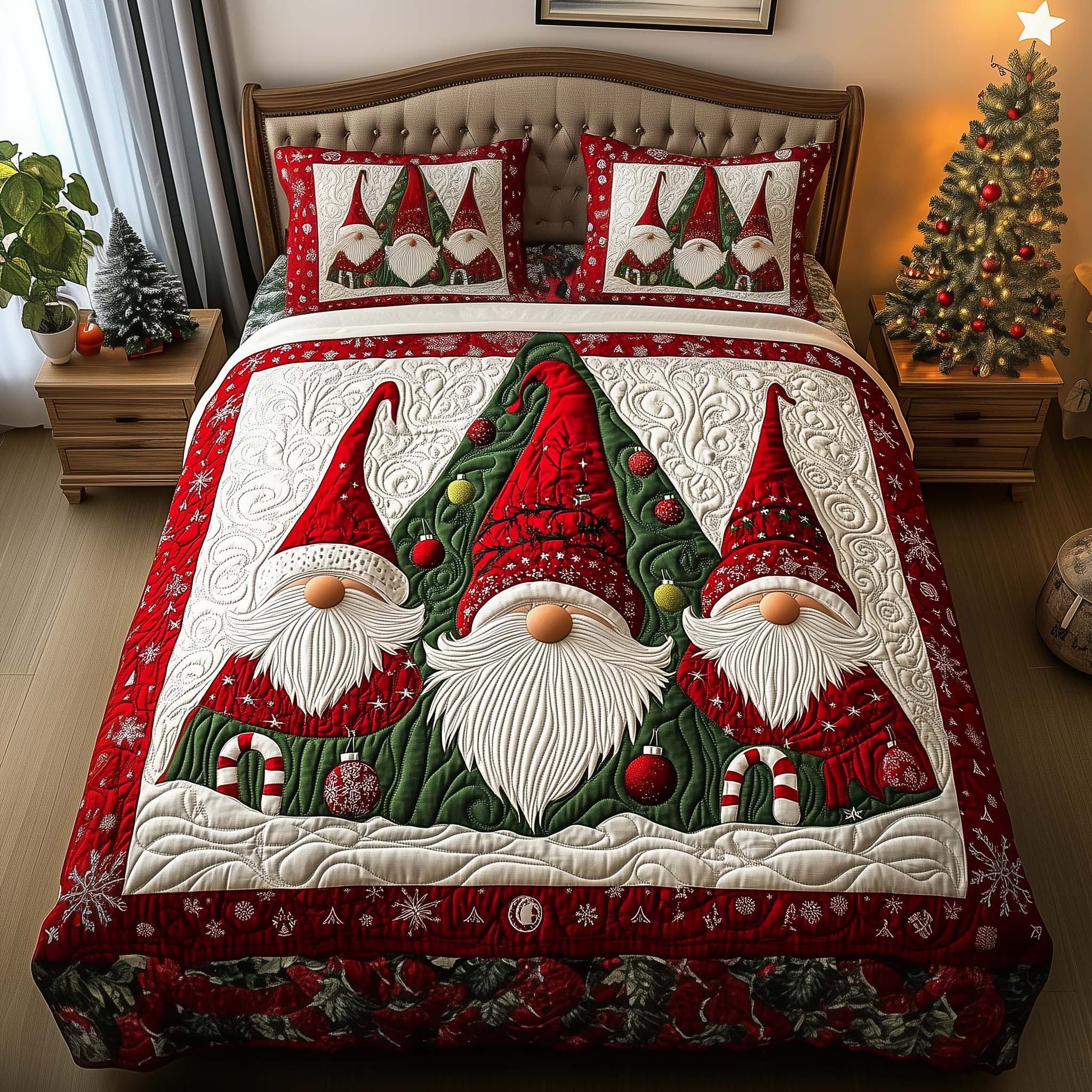 Trio Gnomes Quilted Bedding Set Holiday Home Decor Best Gnome Gifts - Tradiviet