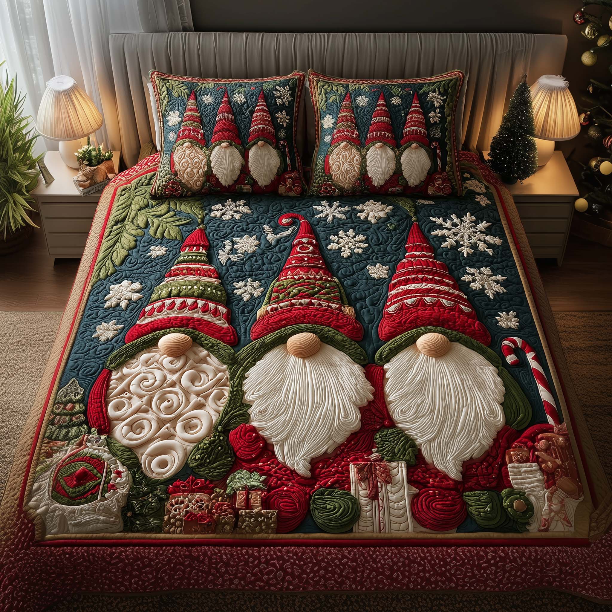 Trio Gnomes Quilted Bedding Set Mens Bedroom Decor Gnome Gifts For Christmas - Tradiviet
