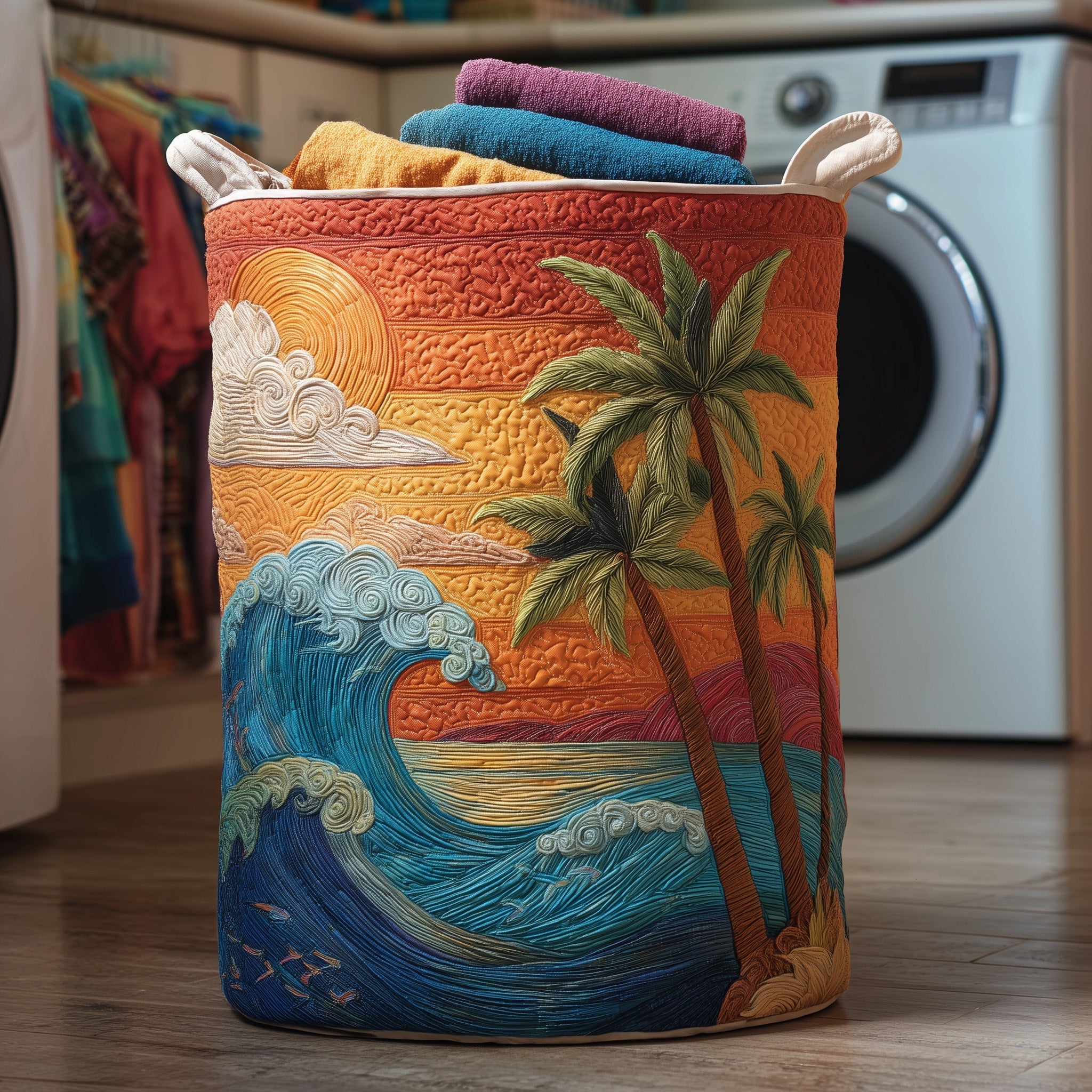 Tropical Beach Quilted Laundry Basket Aesthetic Storage Baskets Gift For Grandma - Tradiviet