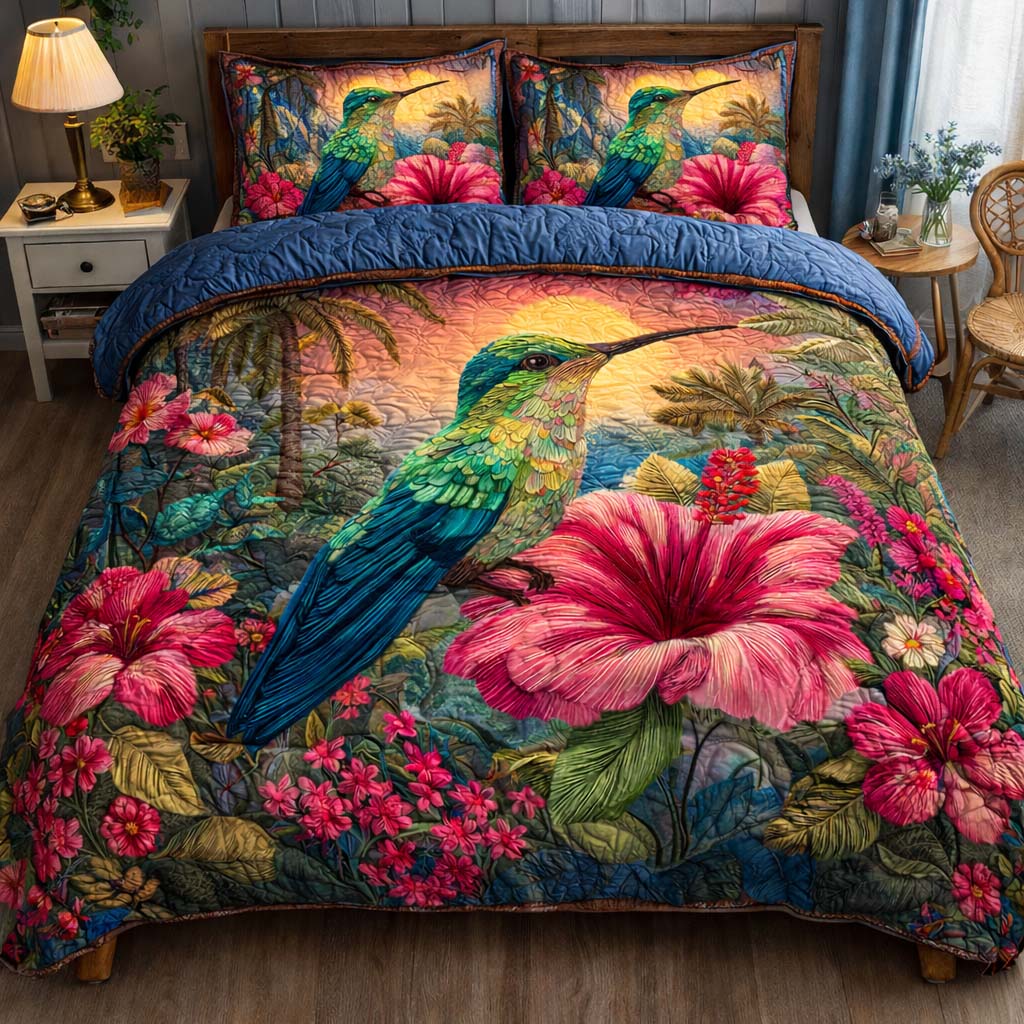 Tropical Bloom Hummingbird Quilted Bedding Set Bed Room Decoration Cool Hummingbird Gifts - Tradiviet
