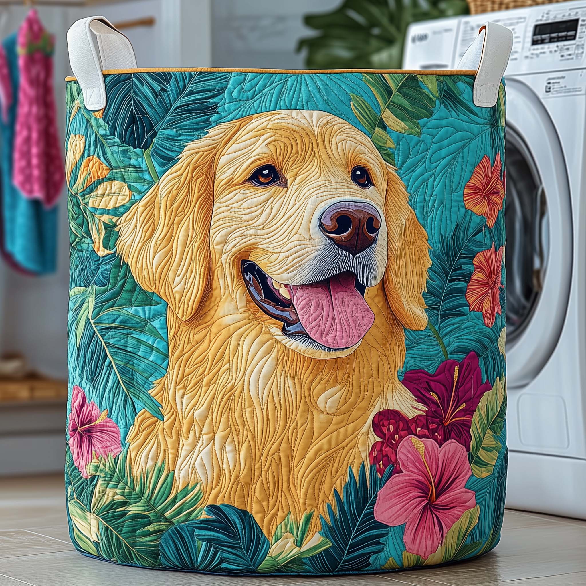 Tropical Golden Quilted Laundry Basket Aesthetic Storage Baskets Gift For Grandma - Tradiviet