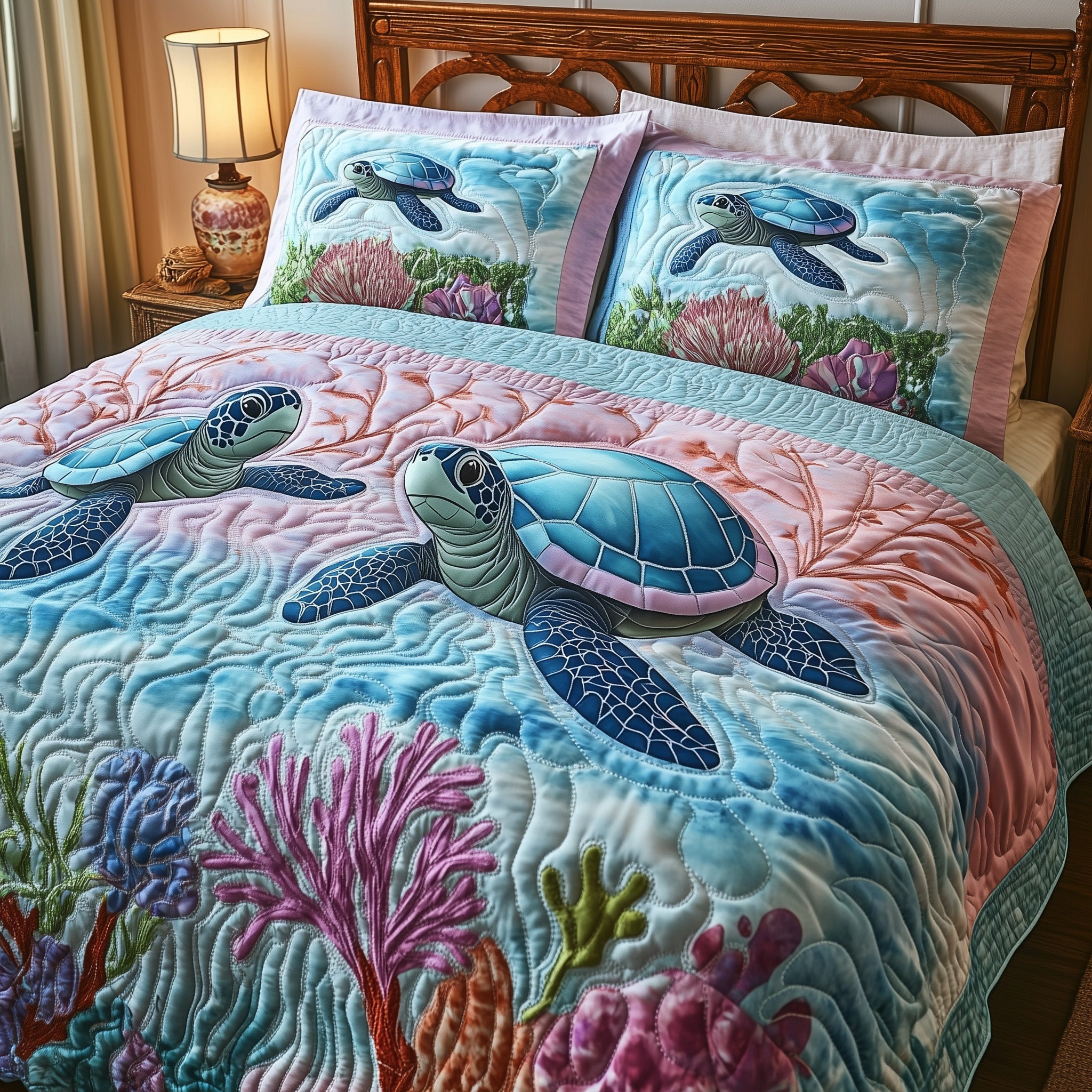 Tropical Turtle Dreams Quilted Bedding Set Bed Room Decoration Gift For Turtle Lover - Tradiviet