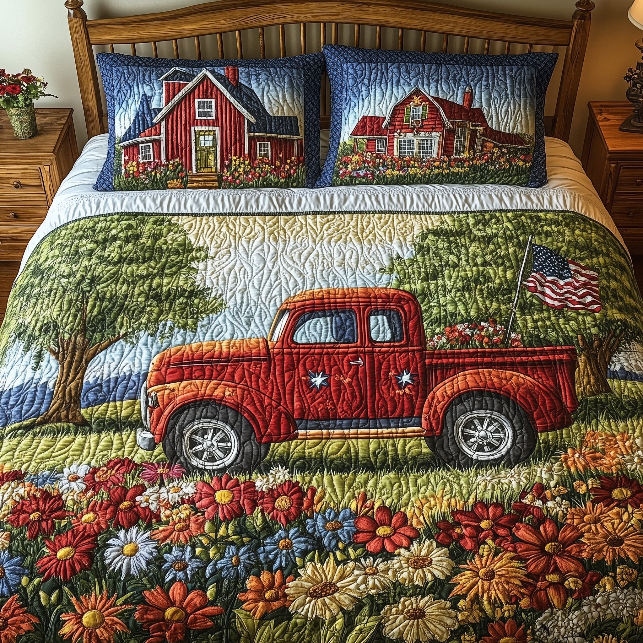 Truck Barn US Flag Quilted Bedding Set Rural Lands Patchwork Bedding Gift For Birthday Girl - Tradiviet