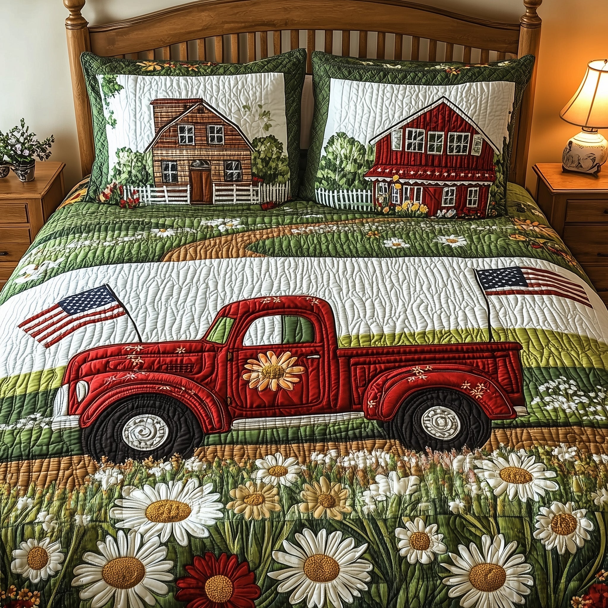 Truck Daisy House US Flag Quilted Bedding Set Daisy Flower Quilt Cover Set Gift For Army Dad - Tradiviet