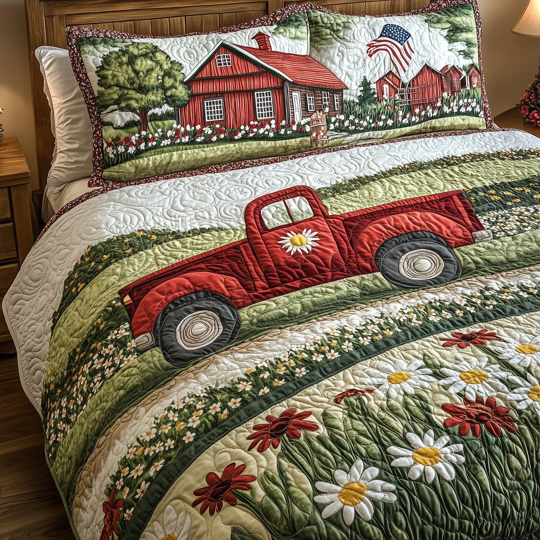 Truck Flowers Barn USA Flag Quilted Bedding Set Farmhouse Country Bedding Set Gift For Home - Tradiviet