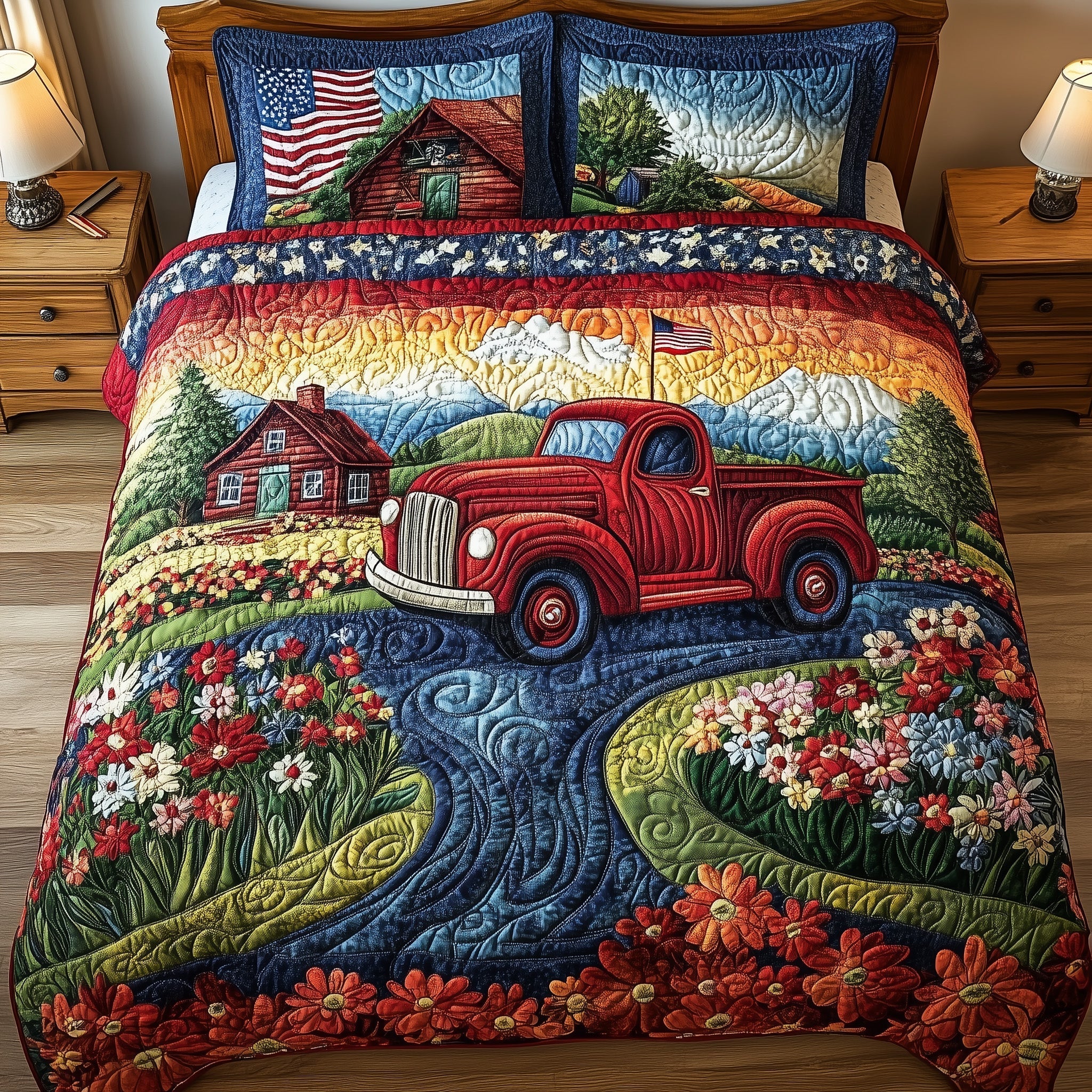 Truck Flowers House American Flag Quilted Bedding Set Rural Lands Bedding Gift For Wife - Tradiviet