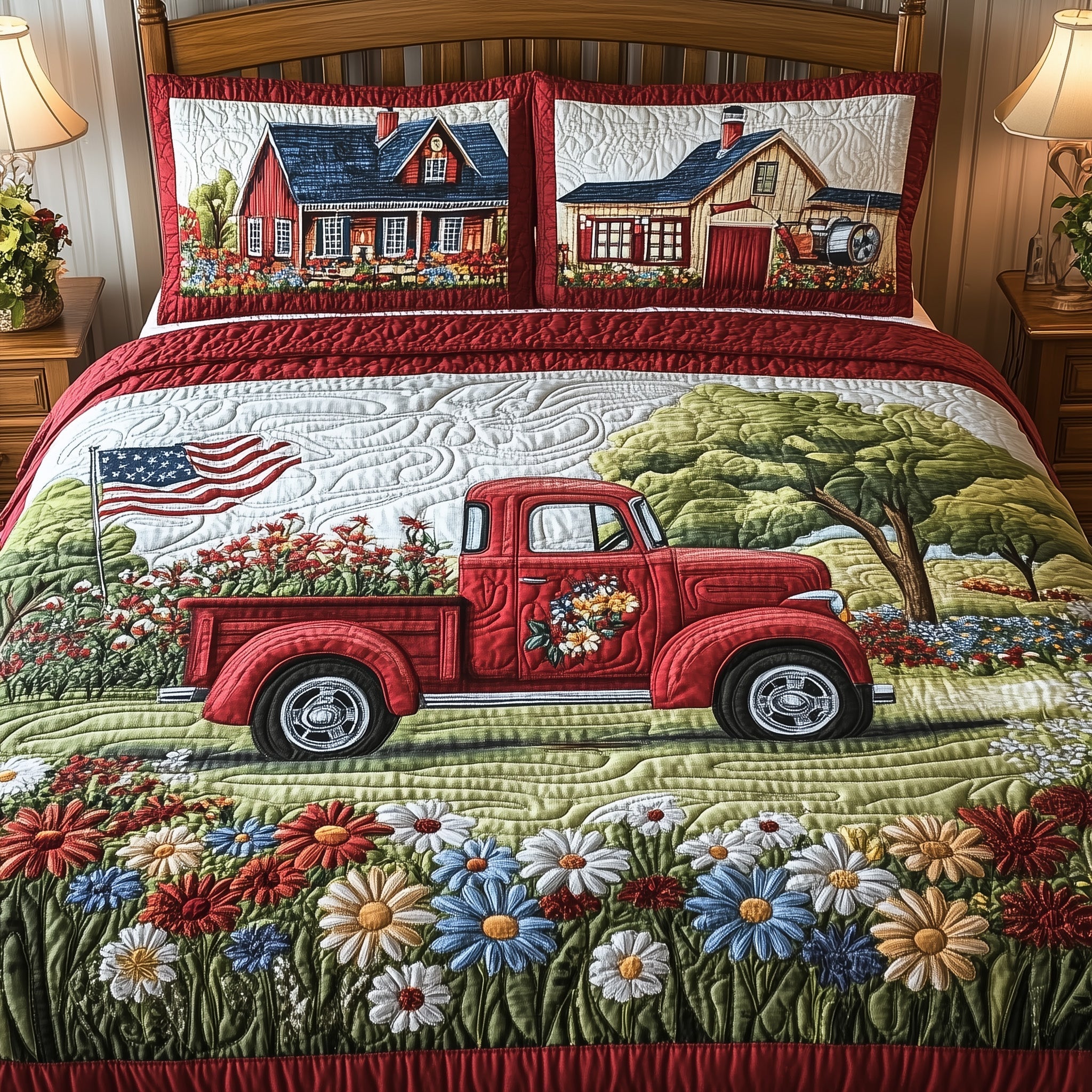 Truck Flowers Houses USA Flag Quilted Bedding Set Americana Country Bedding Gift For Grandpa - Tradiviet