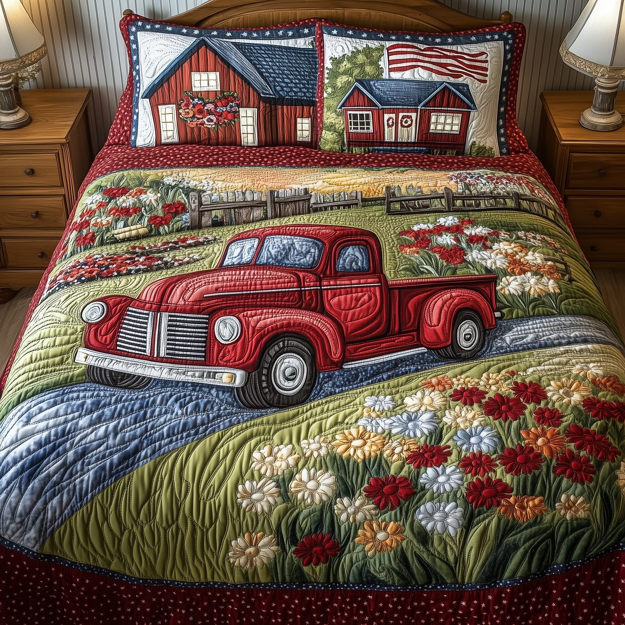 Truck House Flowers USA Flag Quilted Bedding Set Country Charm Quilt Set Gift For Dad - Tradiviet