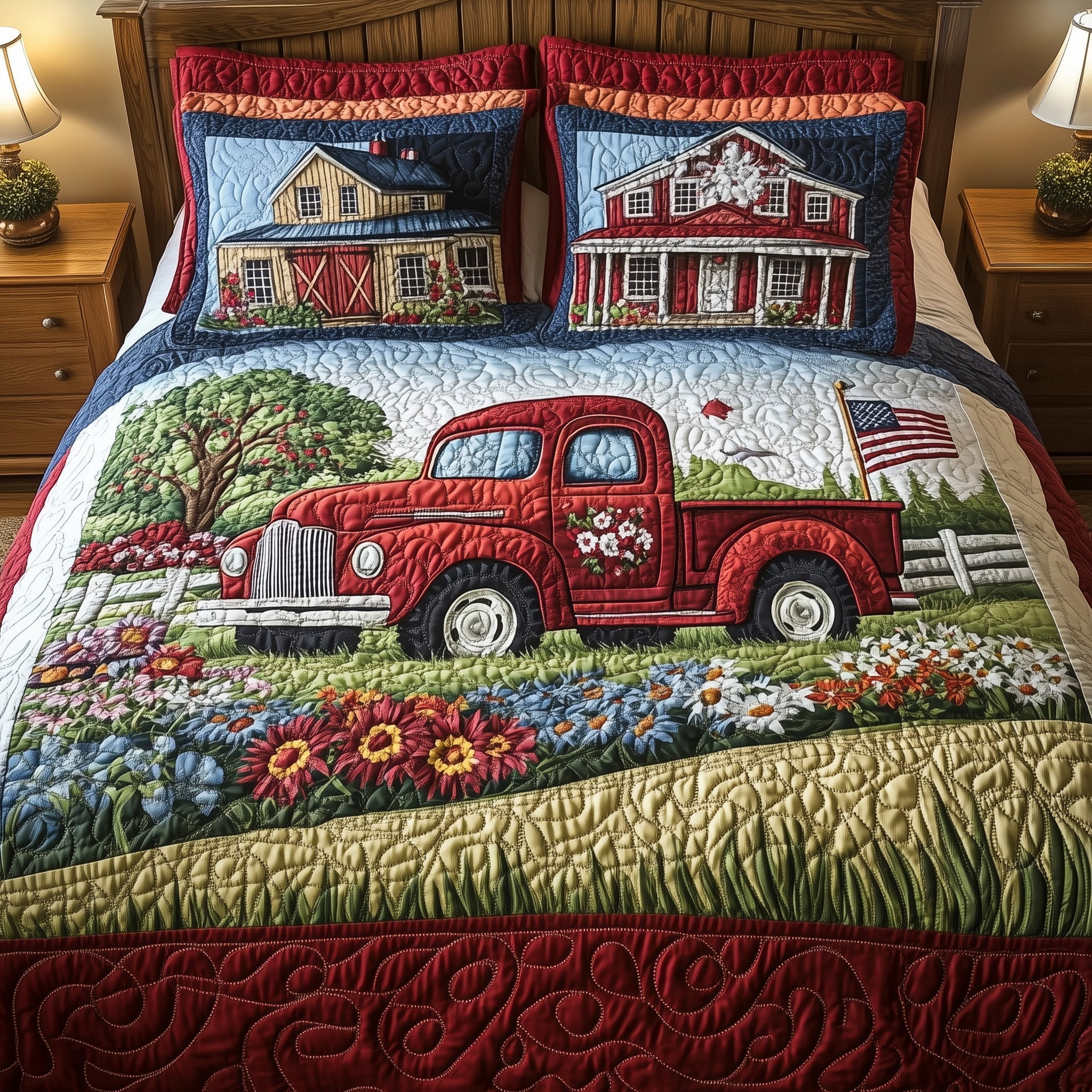 Truck Houses Flowers US Flag Quilted Bedding Set Retro Flower Quilt Cover Set Gift For Army Dad - Tradiviet