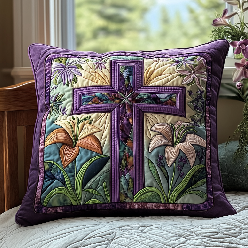 Tulip Time Quilted Pillow Case Easter Faith Cross Home Decor Comfortable Gift For Family - Tradiviet